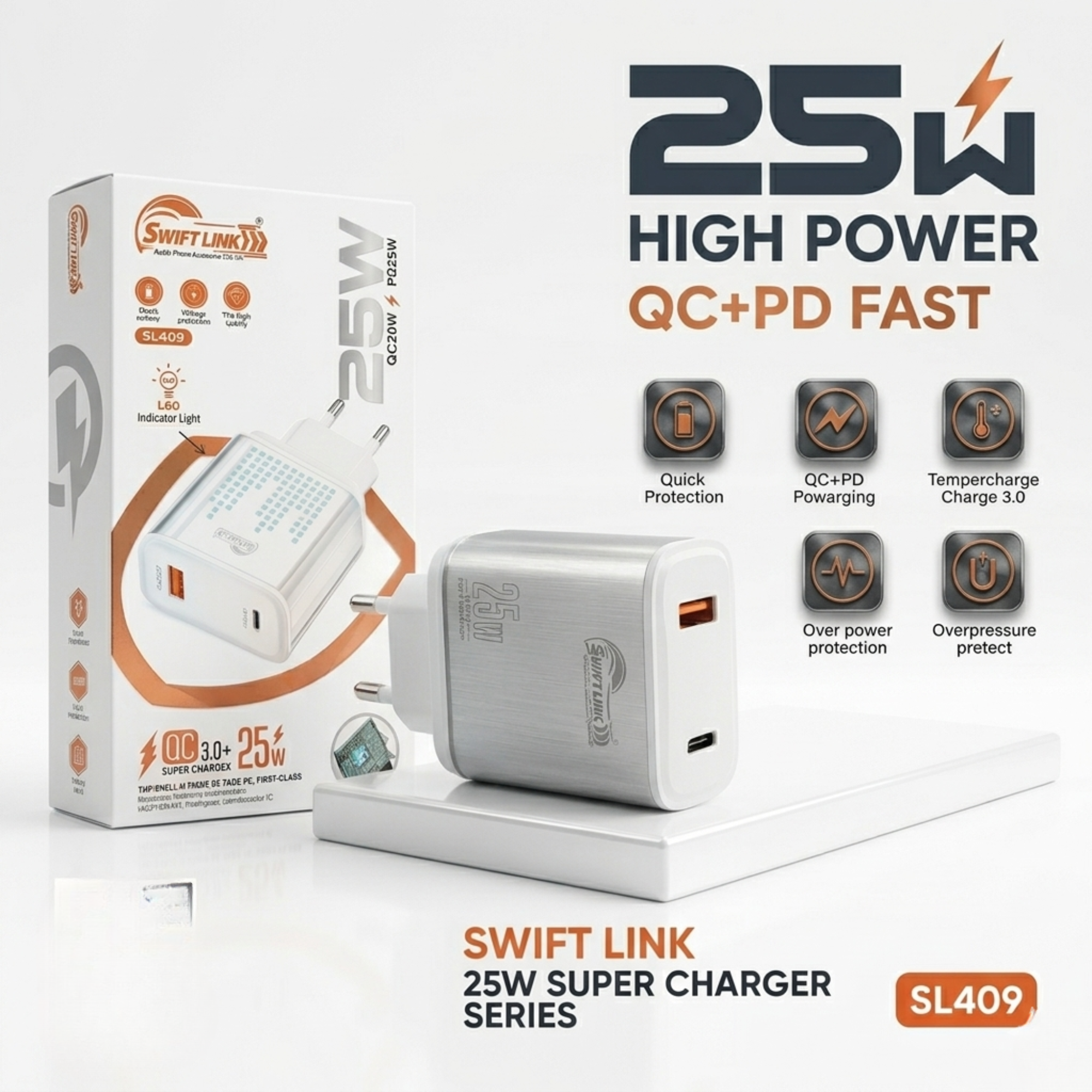 Swift Link SL-409 25W Fast Charger Dual USB Port QC 3.0 + PD 20W Wall Charger | LED Indicator | Fast Charging Adapter