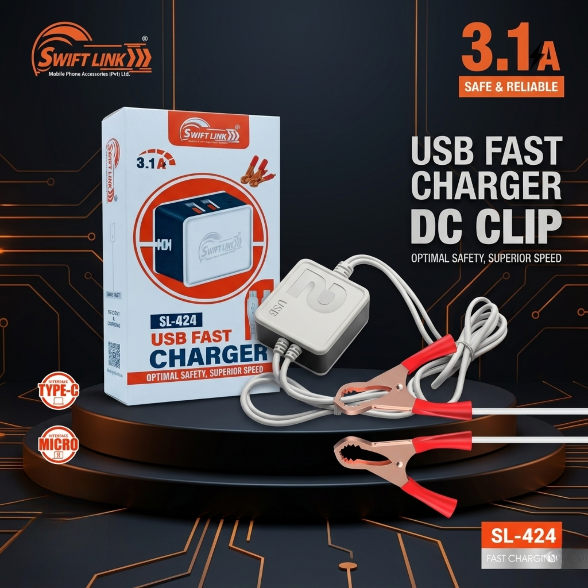 SwiftLink SL-424 3.1A Dual USB Fast Charger with Micro USB Cable | Universal Wall Charger for Android Devices