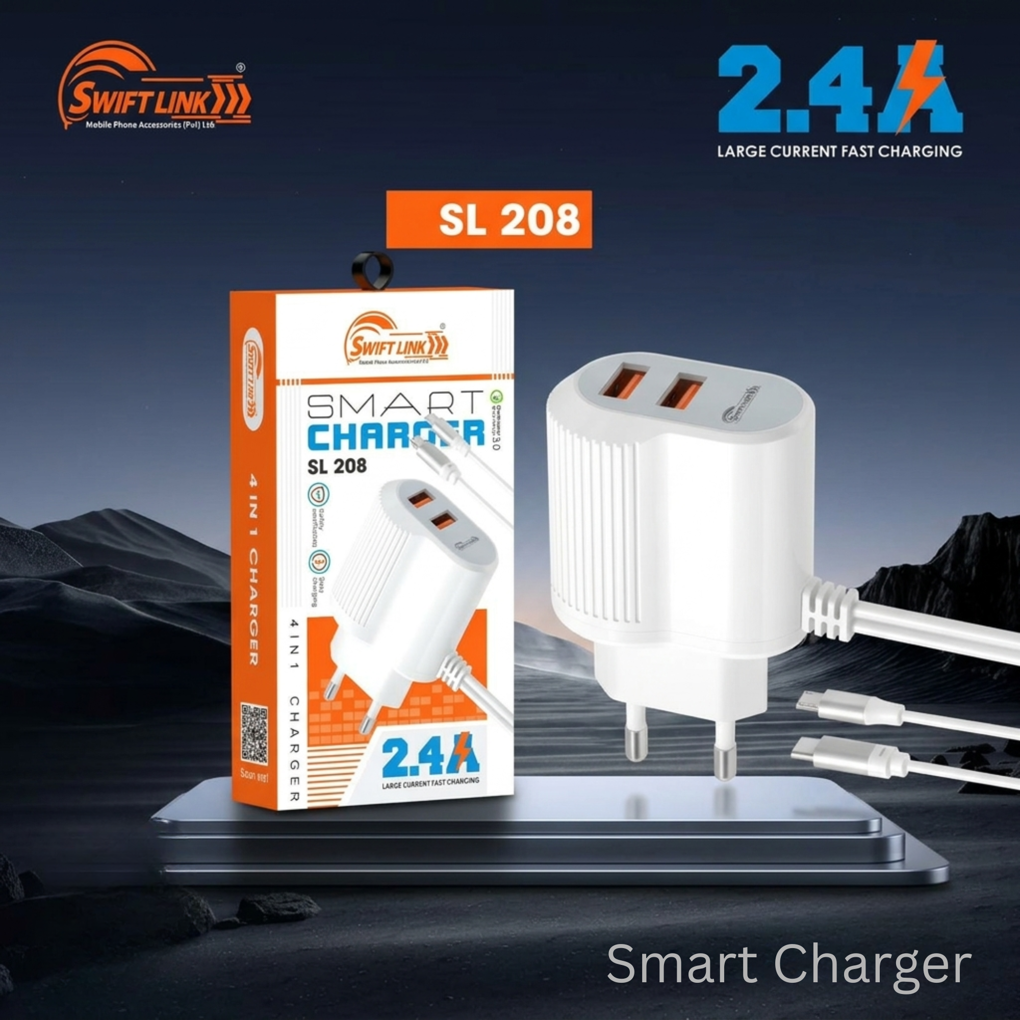 SwiftLink SL208 Fast Charging Dual USB Adapter with Type-C & Micro USB Cable