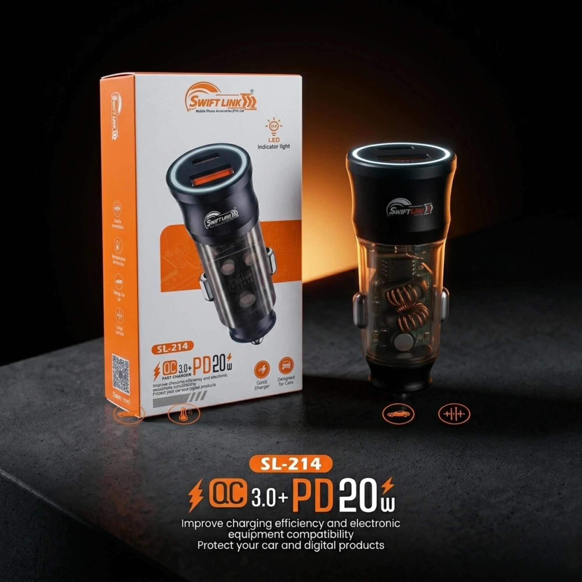 Swift Link SL-214 Car Charger QC 3.0 + PD 20W Fast Charging Dual Port USB Type-C Car Adapter