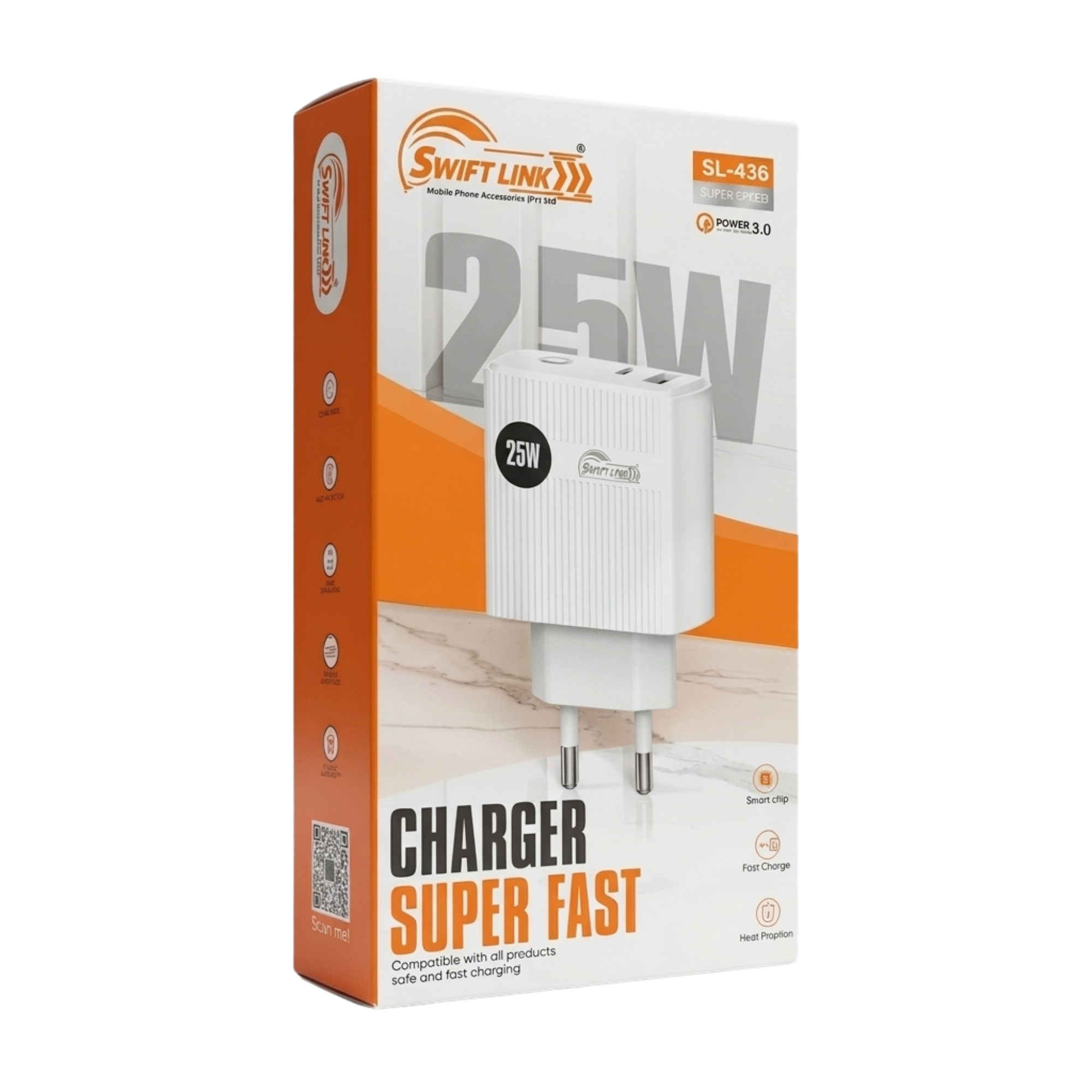 Swift Link SL-436 25W Super Fast Charger | Dual Port USB-C PD & USB-A QC 3.0 Wall Charger (EU Plug)
