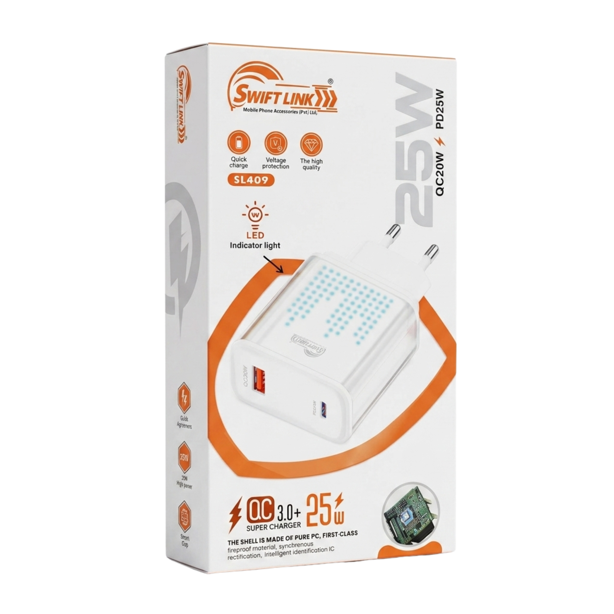 Swift Link SL-409 25W Fast Charger | QC 3.0 + PD USB-C Dual Port Wall Charger with LED Display