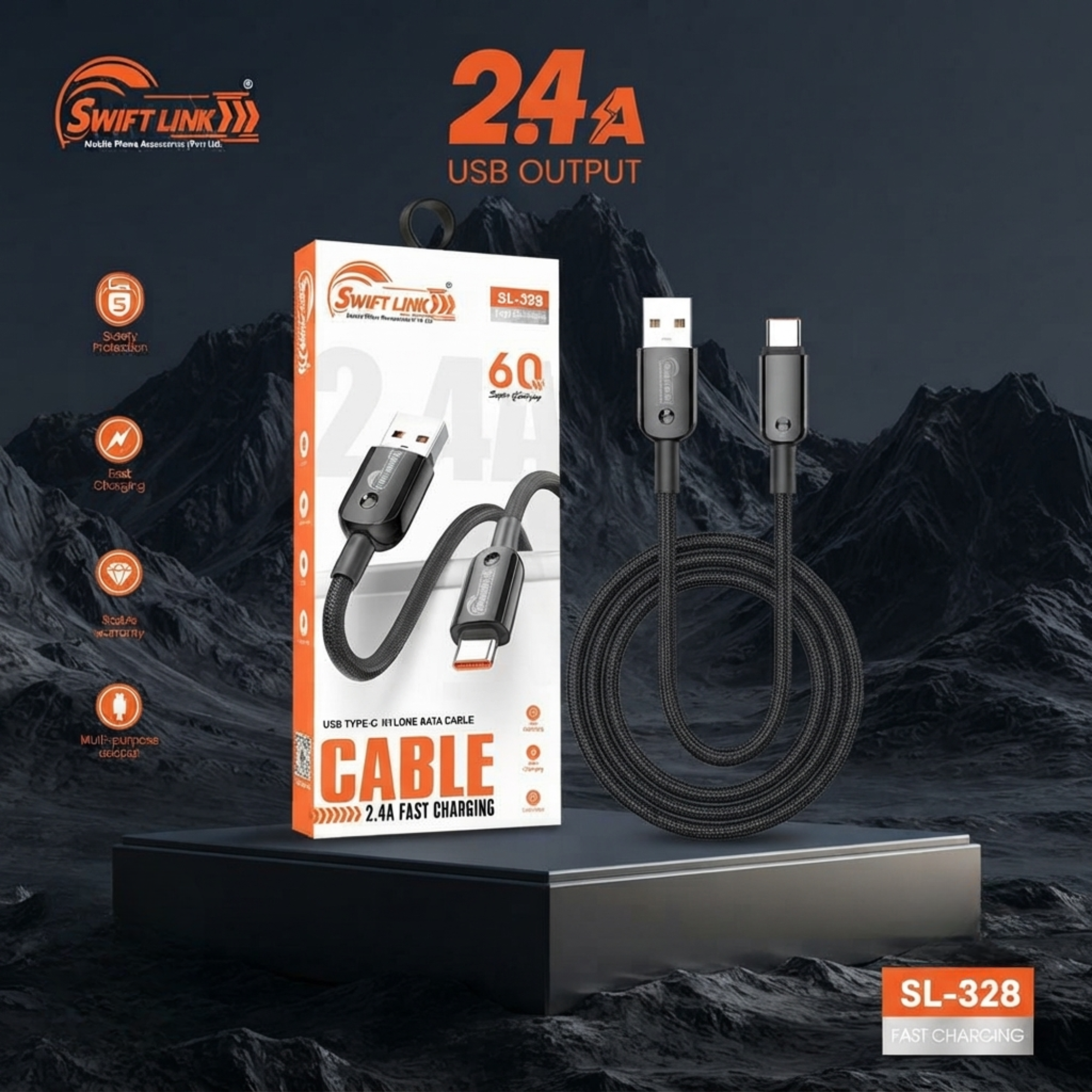 Swift Link SL328 USB to Type-C 2.4A Fast Charging Data Cable – 1 Meter | Nylon Braided USB-C Charging & Sync Cable