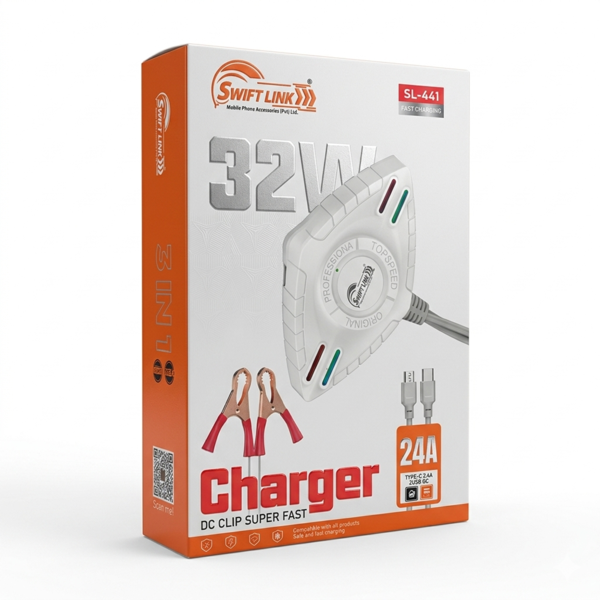 SwiftLink SL-441 32W Fast Charging DC Clip Charger | 3-in-1 Cable | 24A Battery Charger for Car, Motorcycle & UPS