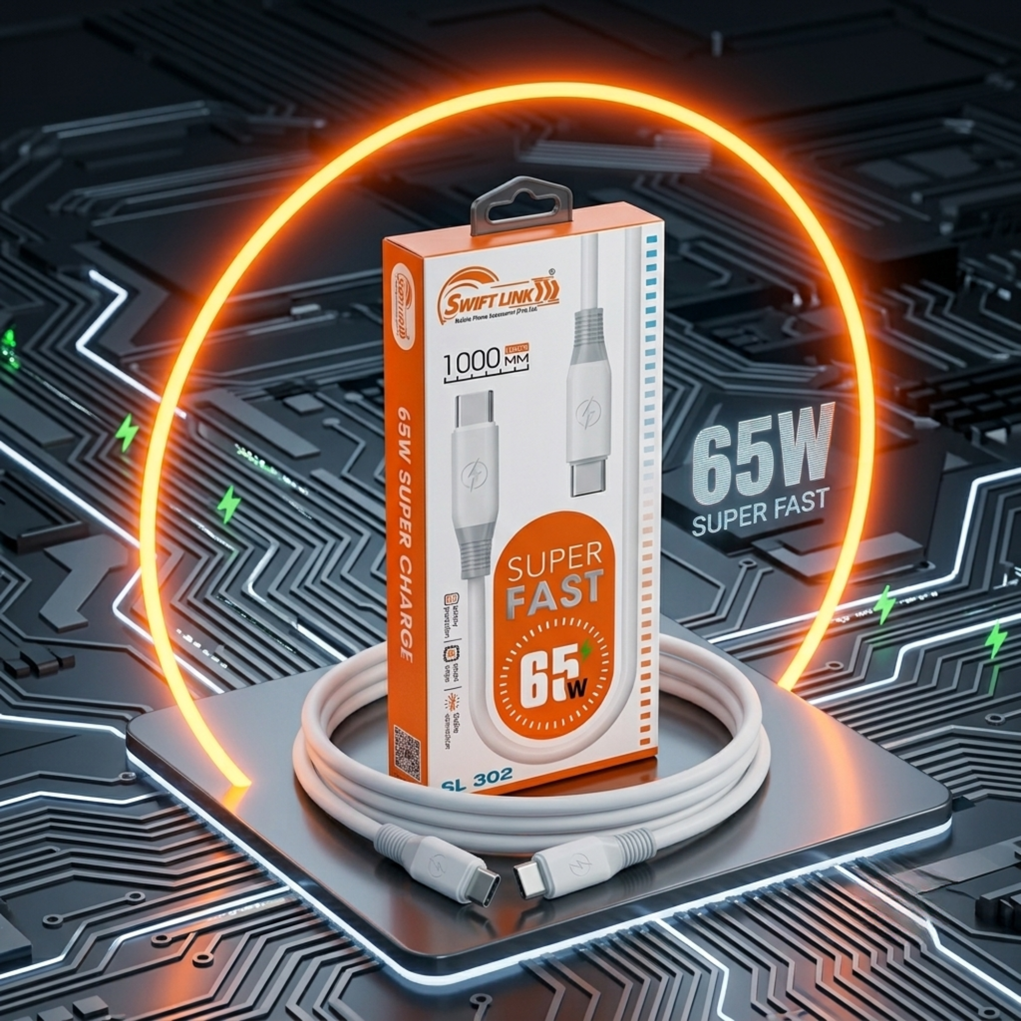 Swift Link SL-302 USB-C to USB-C 65W Fast Charging Cable | 1 Meter Type-C PD Charge & Data Sync Cable