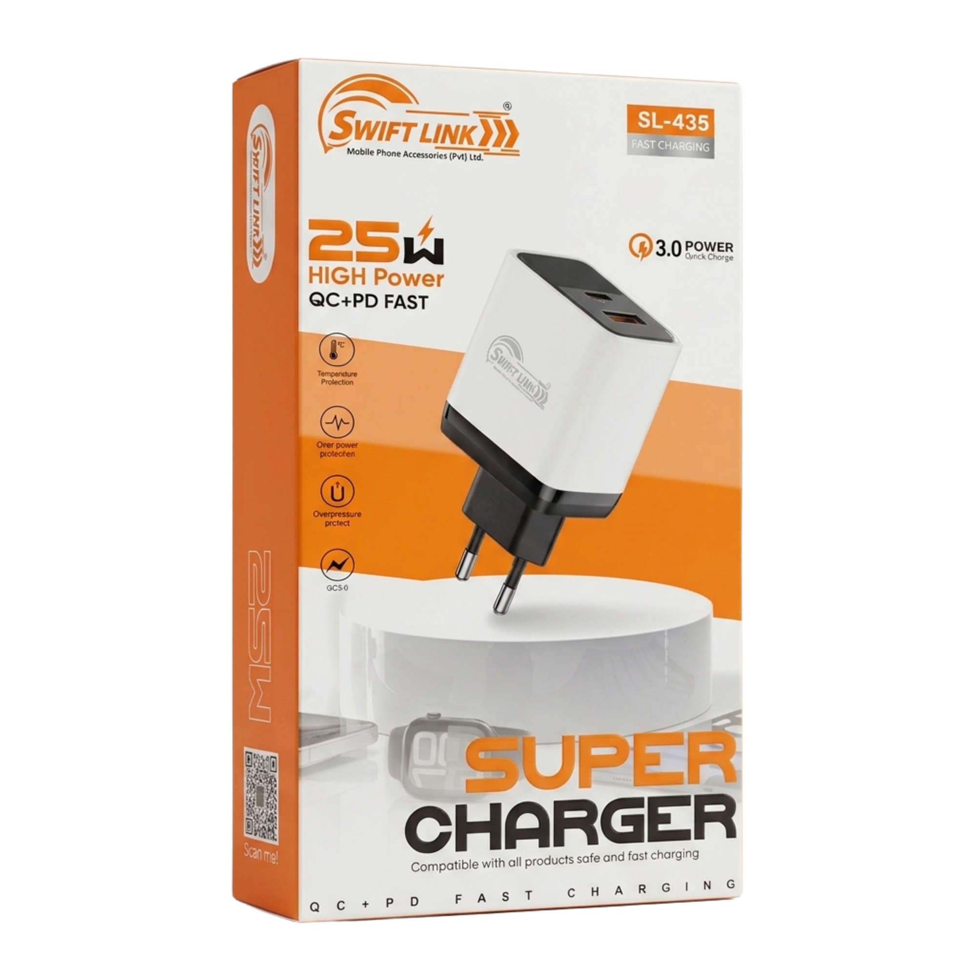 Swift Link SL-435 25W QC 3.0 + PD Super Fast Charger | Dual Port USB-C & USB-A Wall Charger (EU Plug)