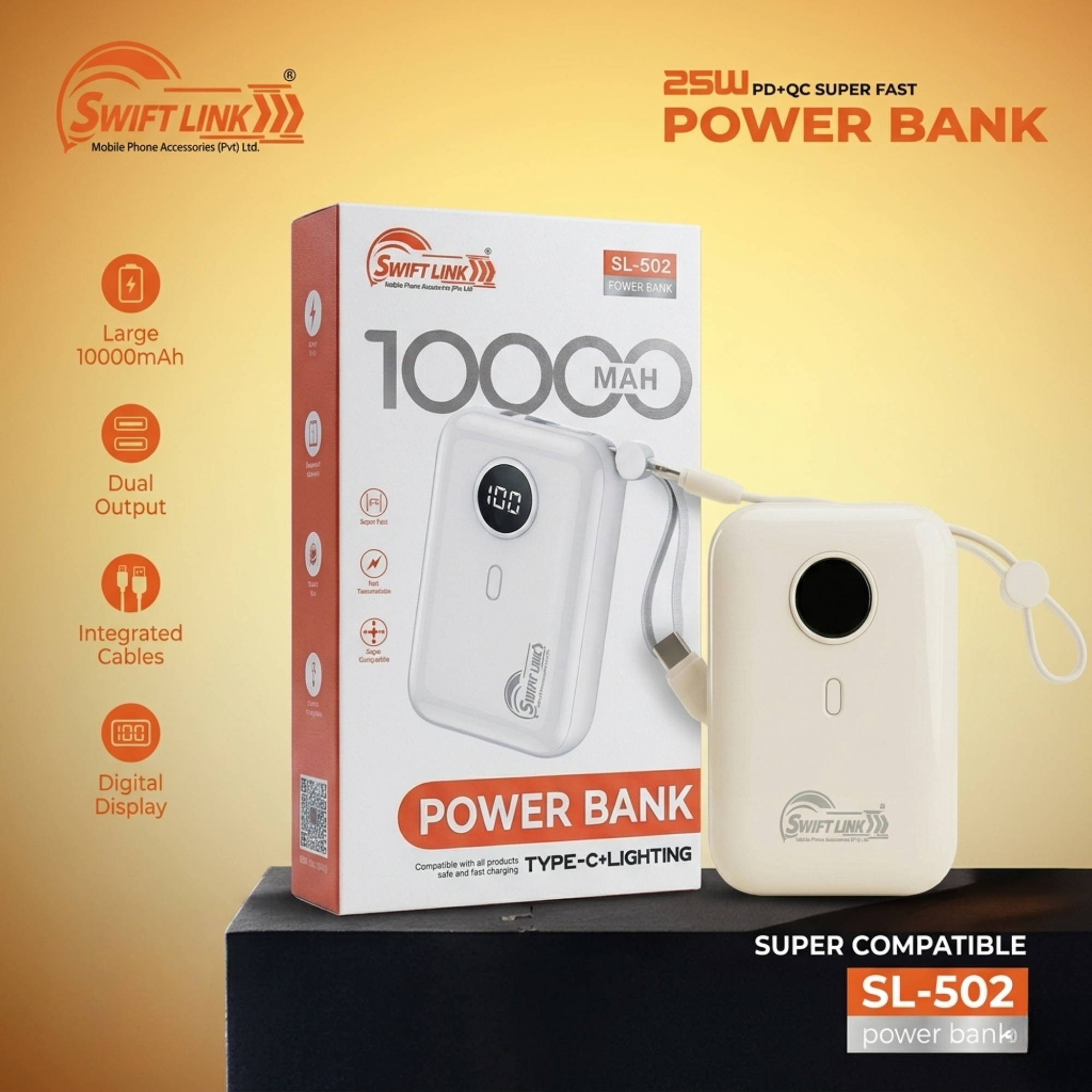 SwiftLink SL-502 10000mAh Power Bank with Digital Display | Type-C & Lightning Fast Charging Portable Charger