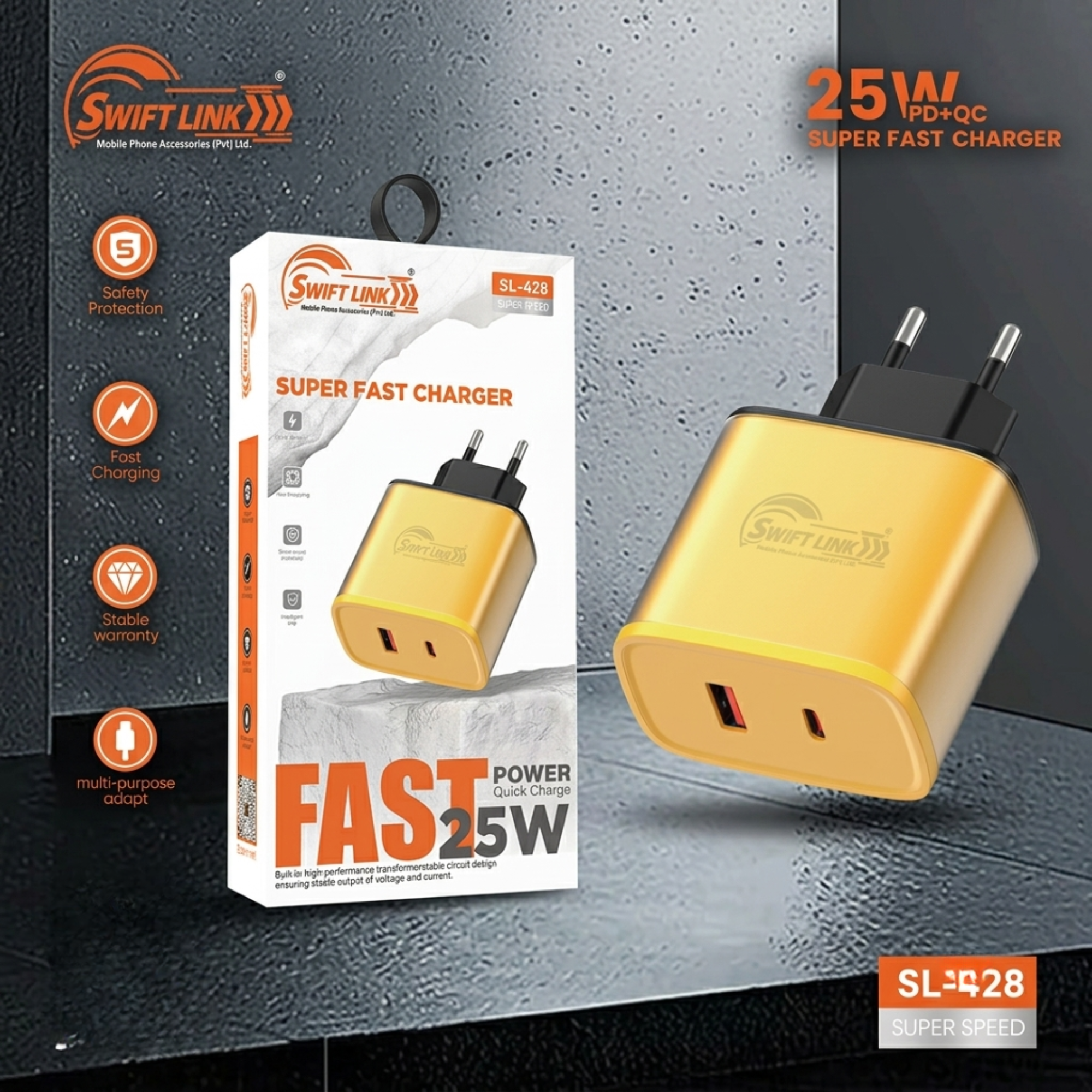 Swift Link SL-428 25W Fast Charger | QC 3.0 + PD Dual Port USB-C Wall Charger | Super Fast Charging Adapter