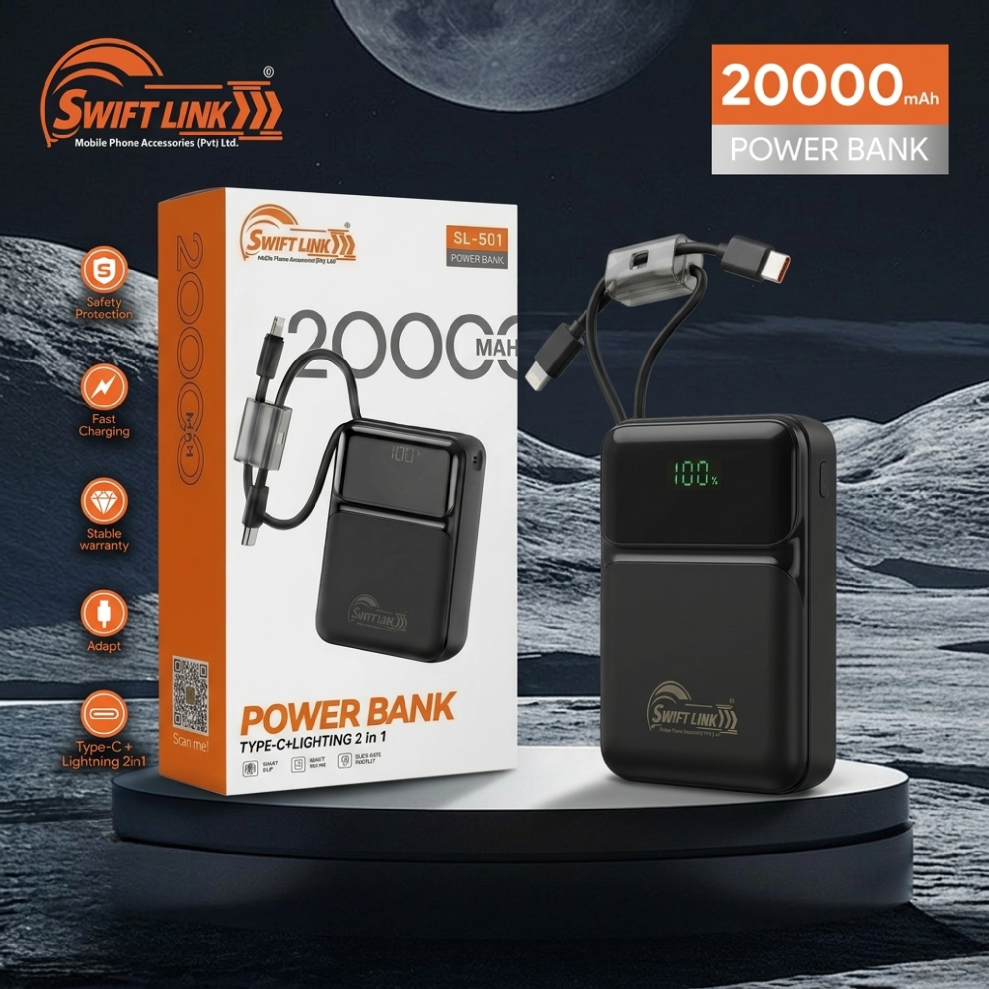SwiftLink SL-501 20000mAh Power Bank with Built-in Type-C & Lightning Cables | Fast Charging Portable Power Bank | LED Digital Display