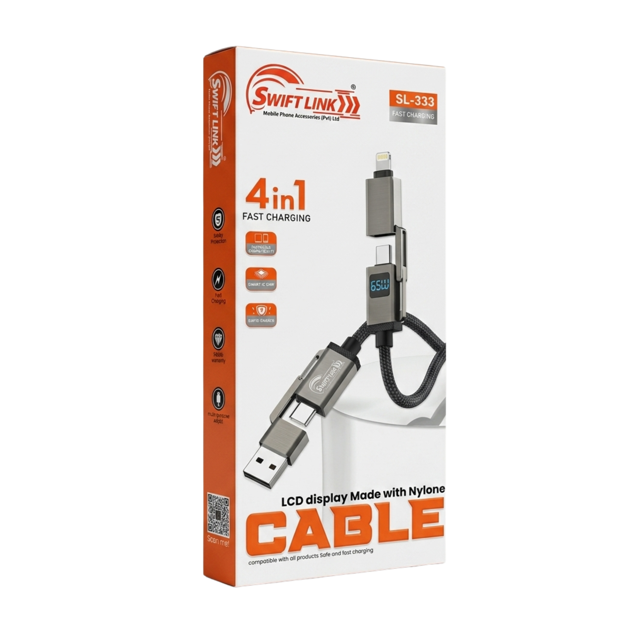 Swift Link SL333 4-in-1 65W Fast Charging Data Cable with LCD Display – USB to Type-C, Lightning & Micro USB | 1 Meter Nylon Braided Cable