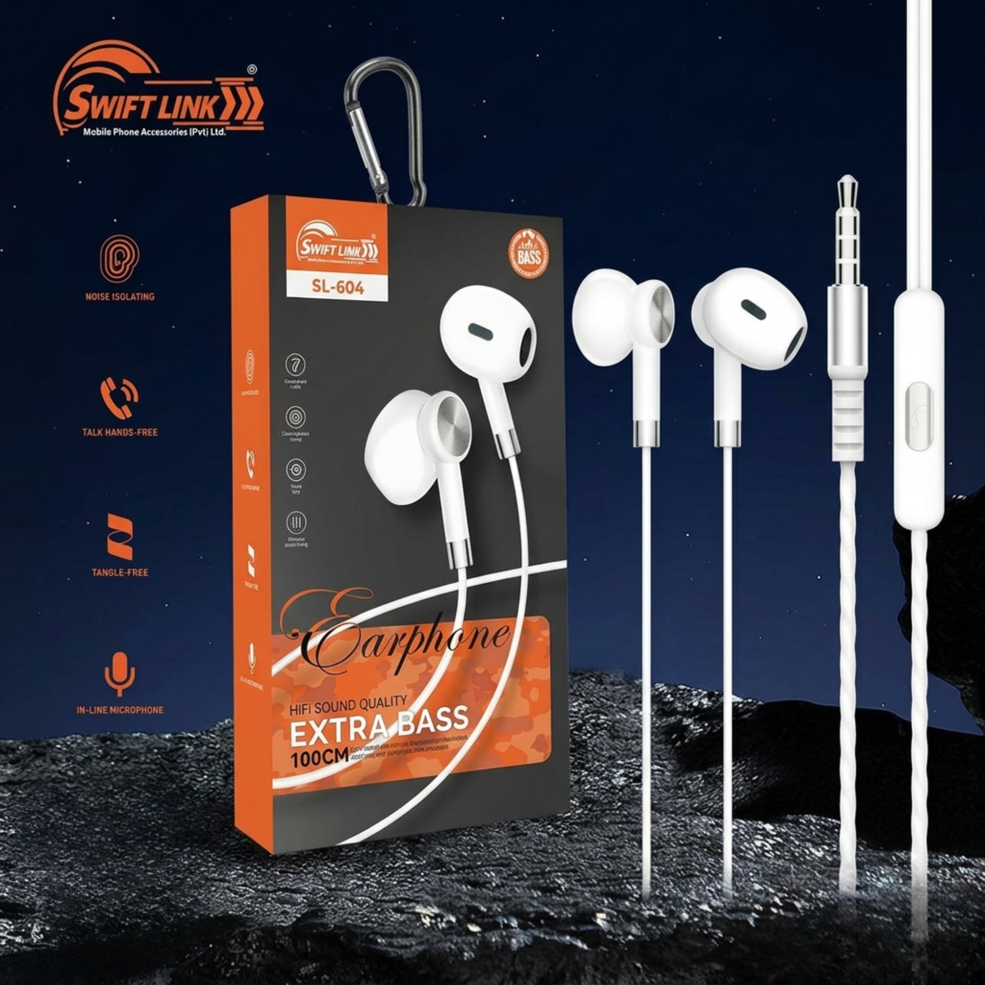 Swift Link SL-604 Wired Earphones with Mic – HiFi Stereo Sound, Extra Bass, 1.2M Cable