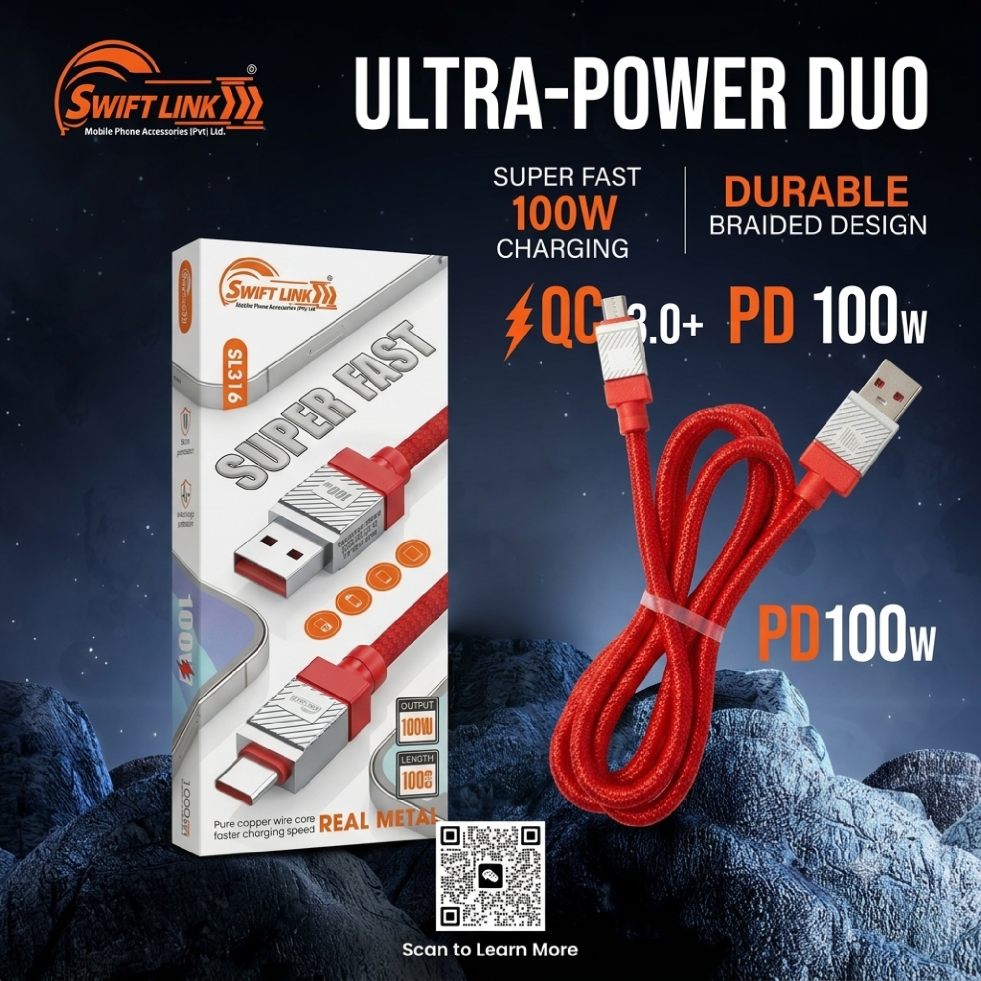 Swift Link SL-316 USB to Micro USB Fast Charging Cable | 100W | 1 Meter Braided Data & Charging Cable | Metal Connectors