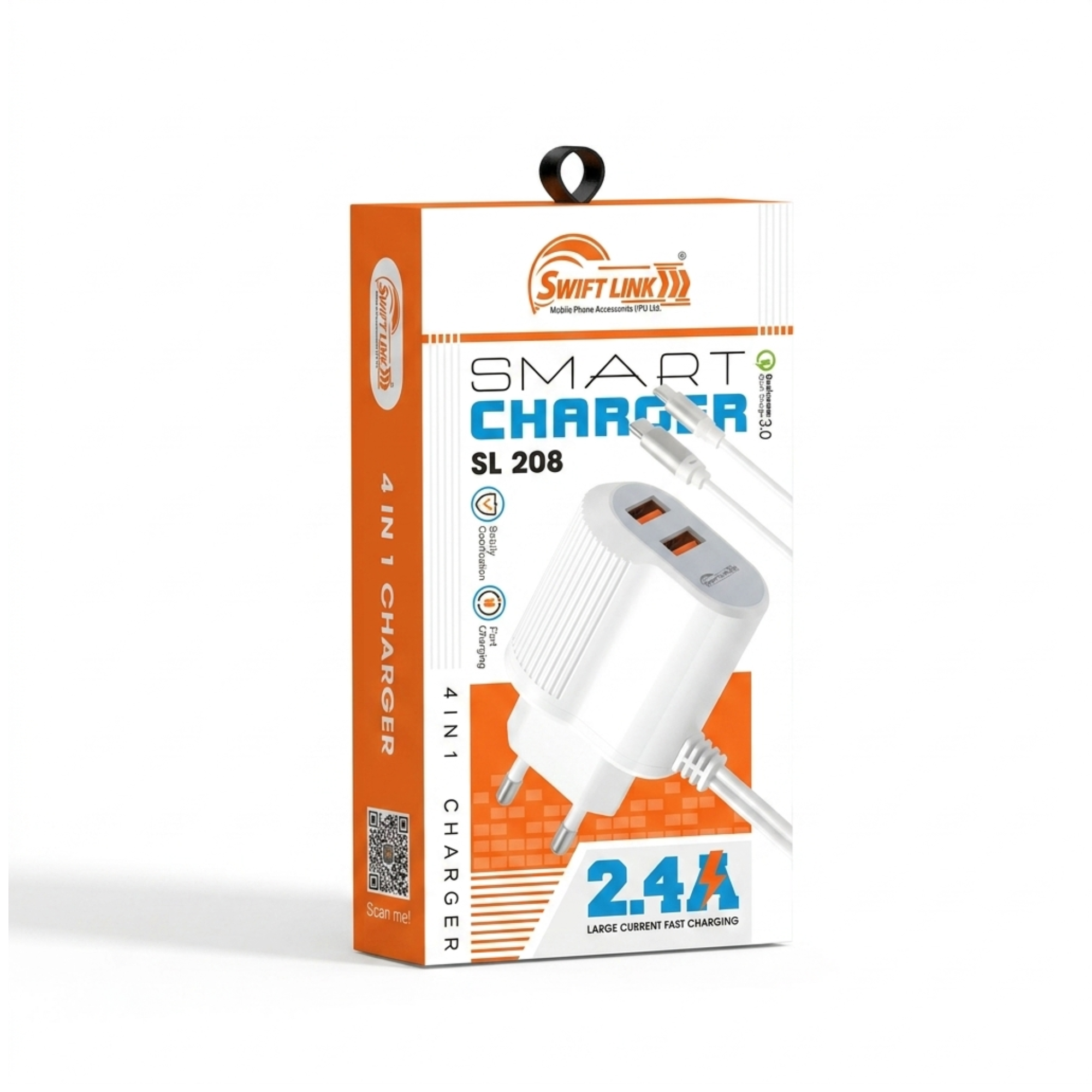 SwiftLink SL208 Fast Charging Dual USB Adapter with Type-C & Micro USB Cable