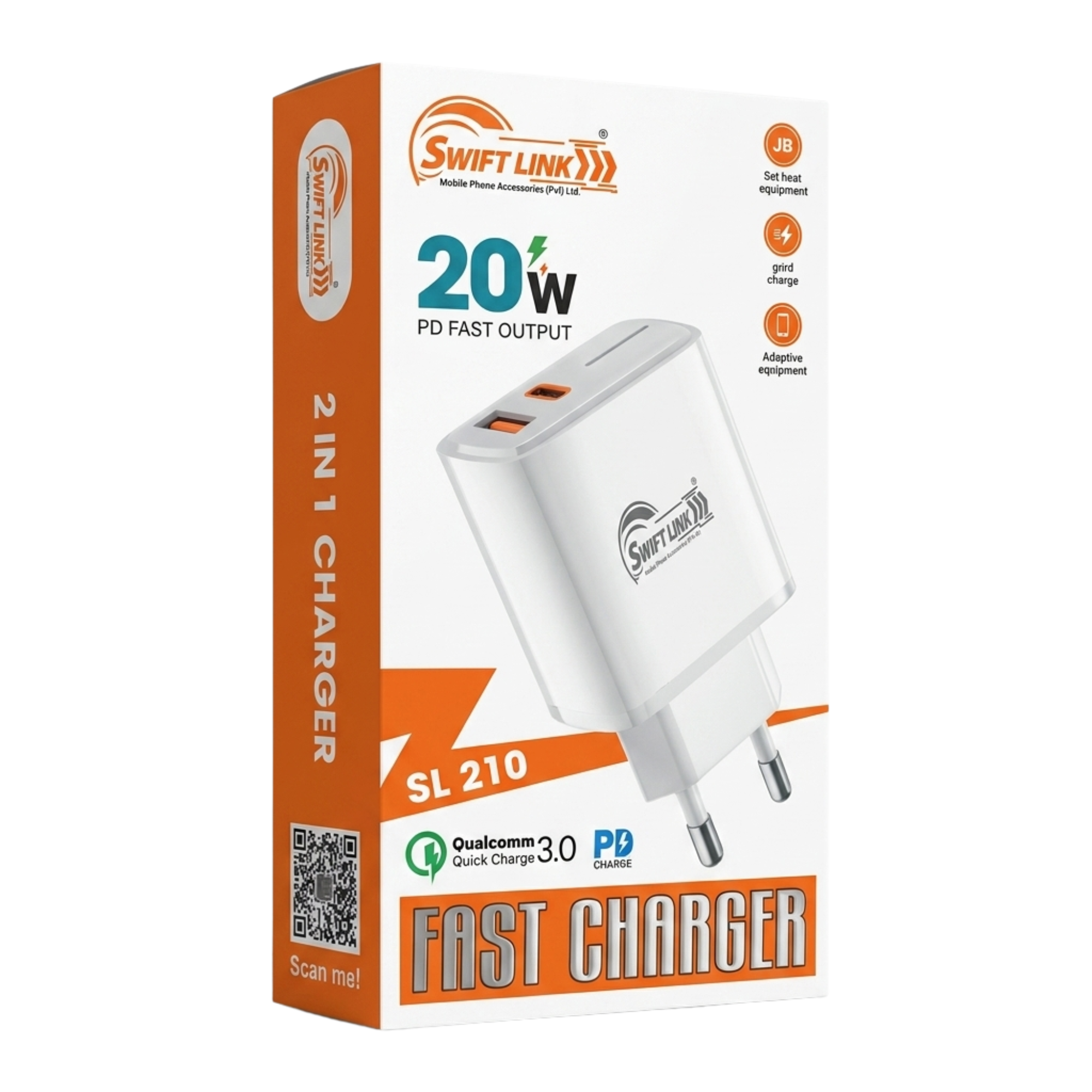 Swift Link SL210 20W PD Fast Charger | Dual Port USB + USB-C | QC 3.0 Fast Charging Adapter