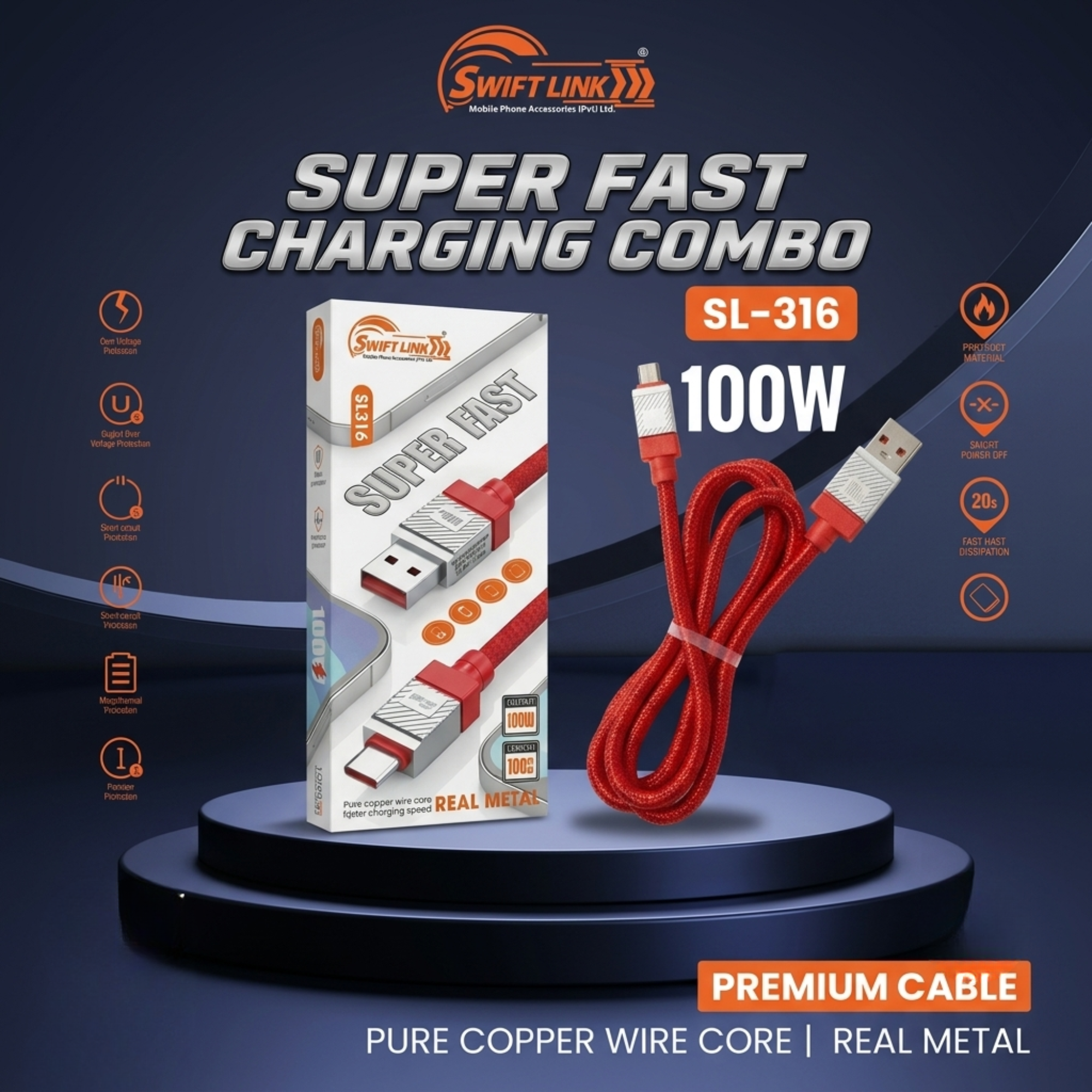 Swift Link SL316 USB to Type-C 100W Super Fast Charging Data Cable – 1 Meter | Braided Metal Fast Charge Cable