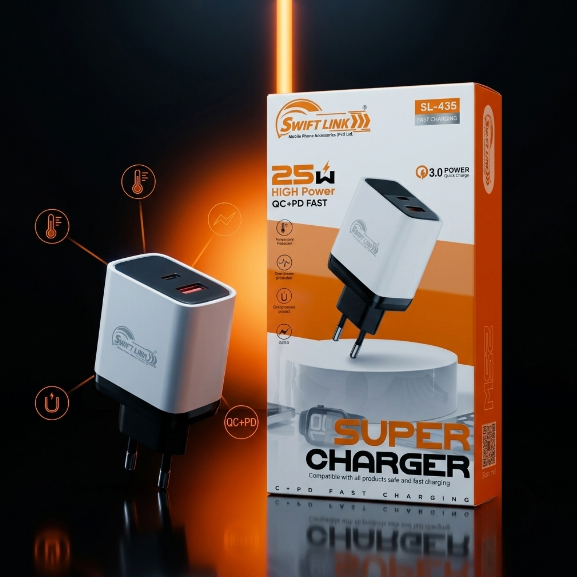 Swift Link SL-435 25W QC 3.0 + PD Super Fast Charger | Dual Port USB-C & USB-A Wall Charger (EU Plug)