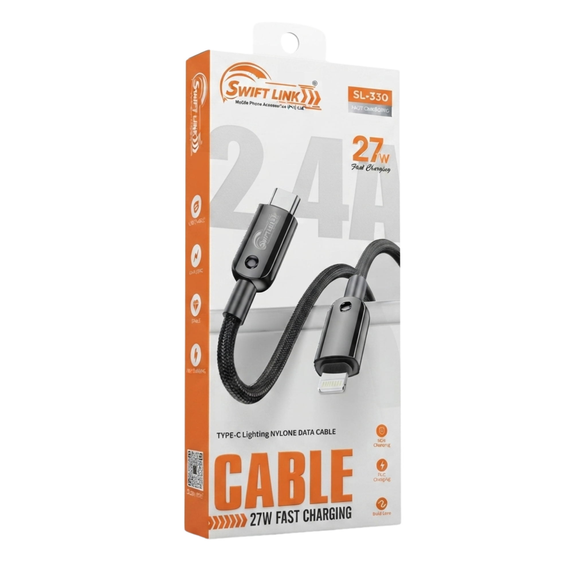 Swift Link SL330 Type-C to Lightning 27W PD Fast Charging Data Cable – 1 Meter | Nylon Braided iPhone Charging & Sync Cable
