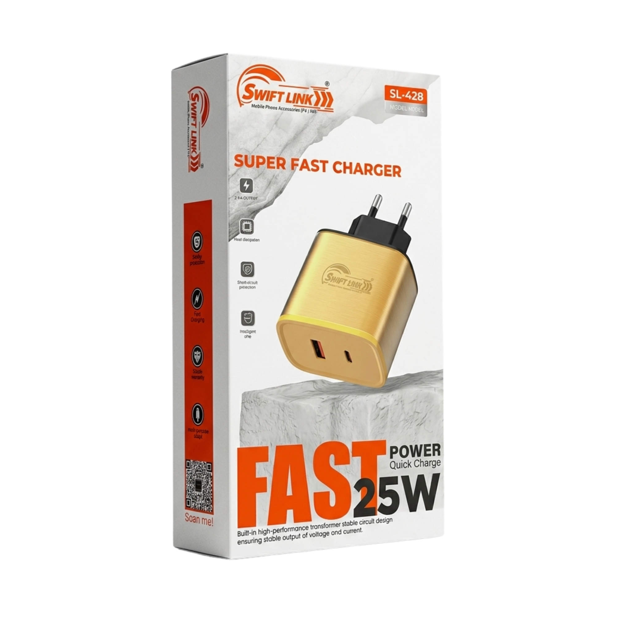 Swift Link SL-428 25W Fast Charger | QC 3.0 + PD Dual Port USB-C Wall Charger | Super Fast Charging Adapter