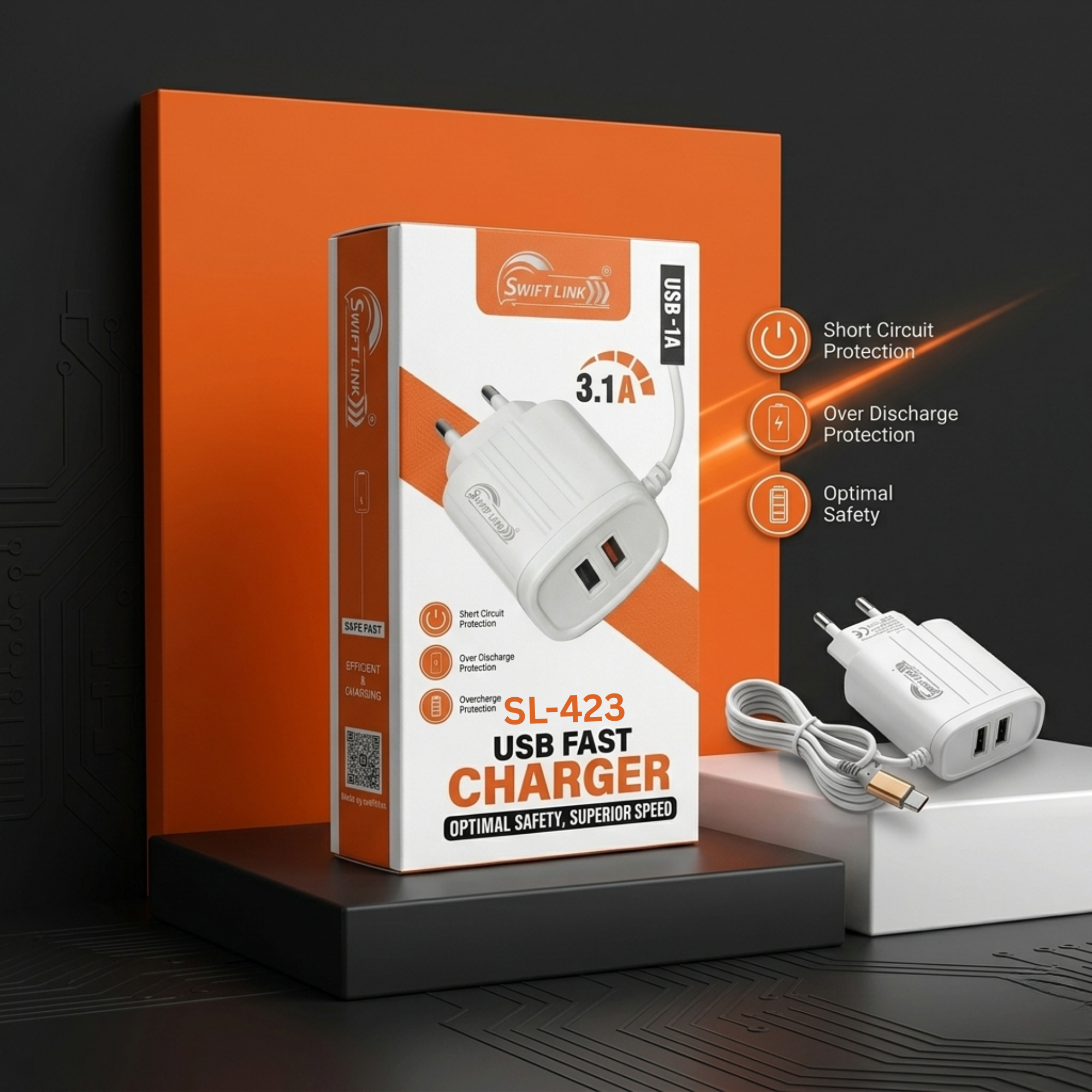 SwiftLink SL-423 3.1A Fast Charger with Dual USB Ports | Ultra Fast Charging Wall Adapter.