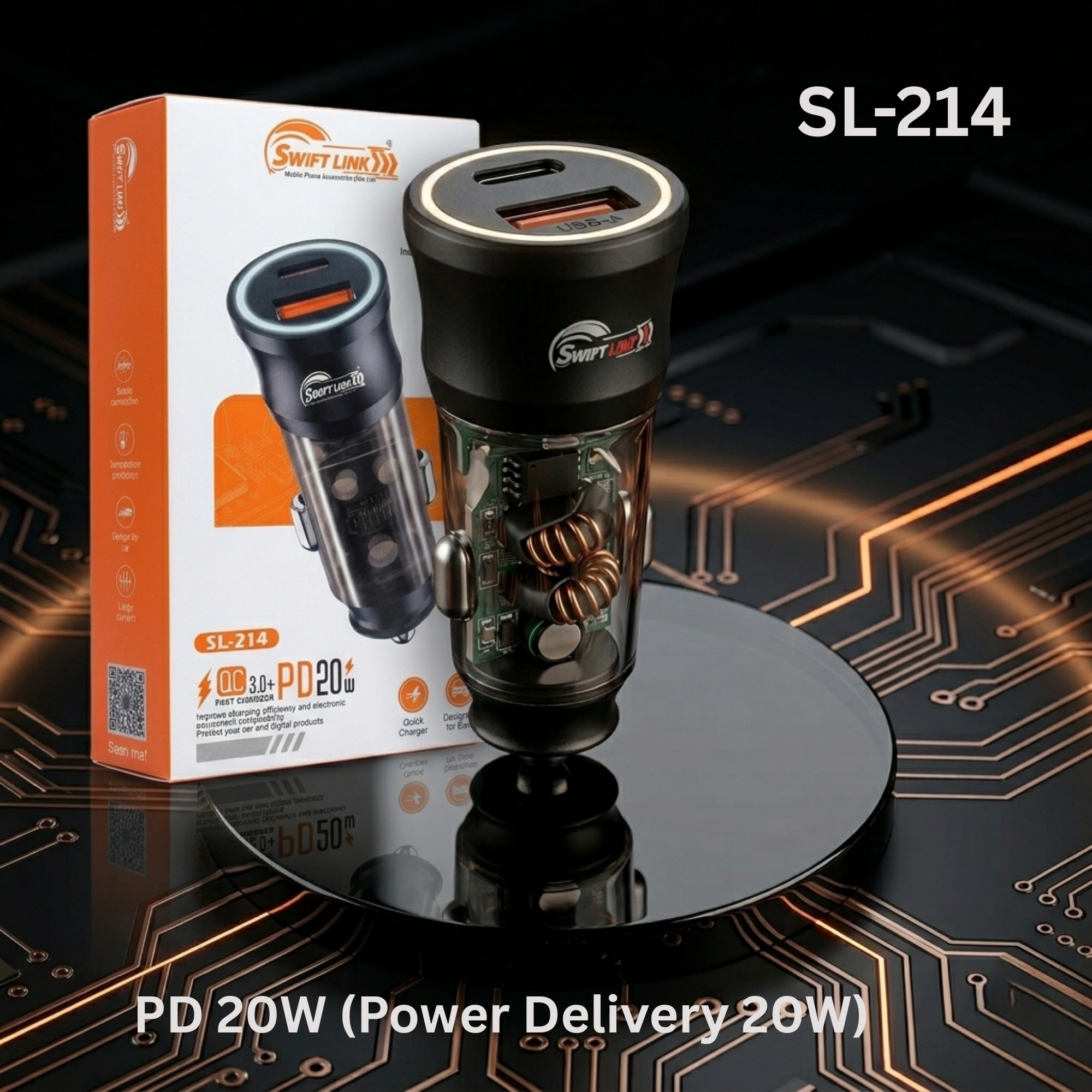 Swift Link SL-214 Car Charger QC 3.0 + PD 20W Fast Charging Dual Port USB Type-C Car Adapter