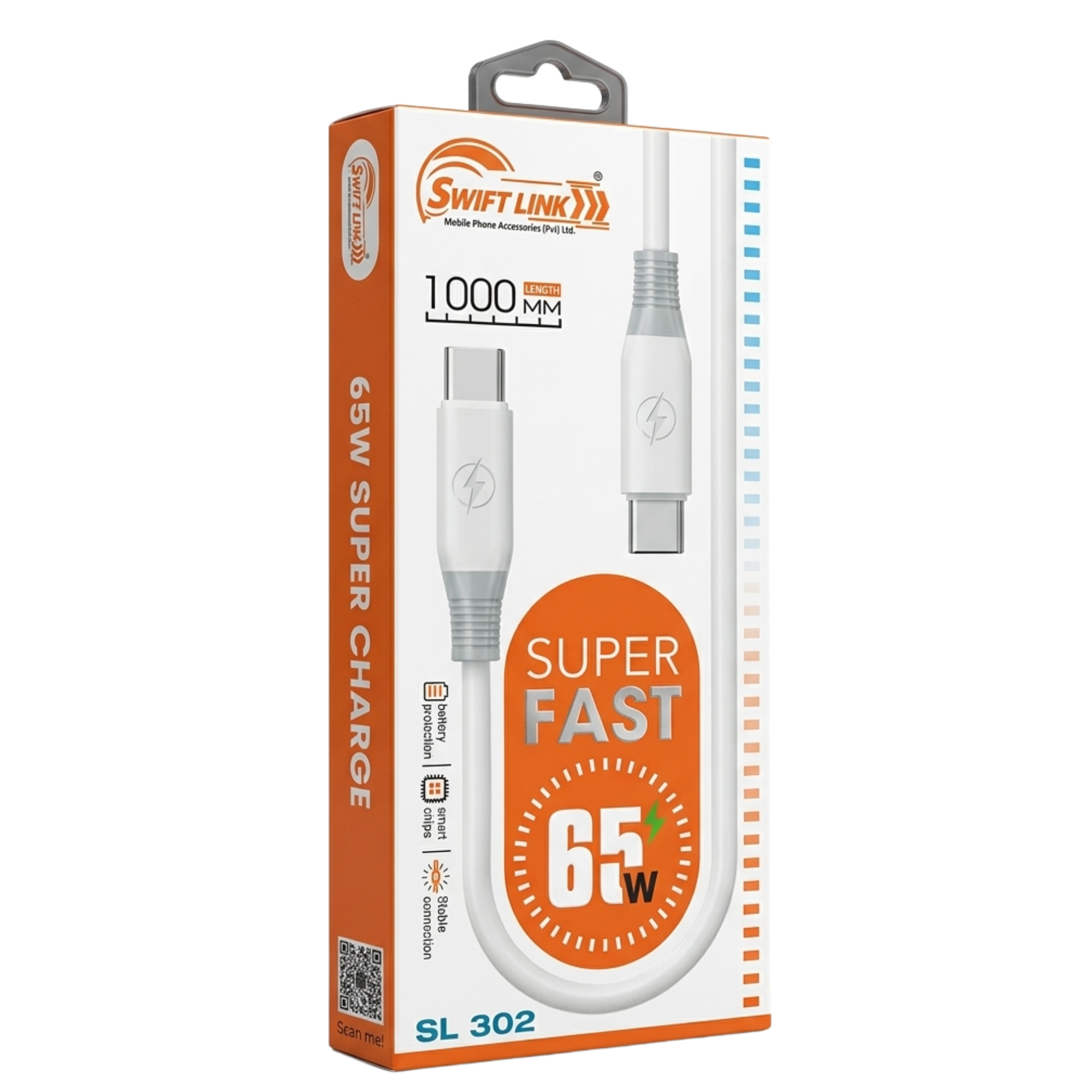 Swift Link SL-302 USB-C to USB-C 65W Fast Charging Cable | 1 Meter Type-C PD Charge & Data Sync Cable