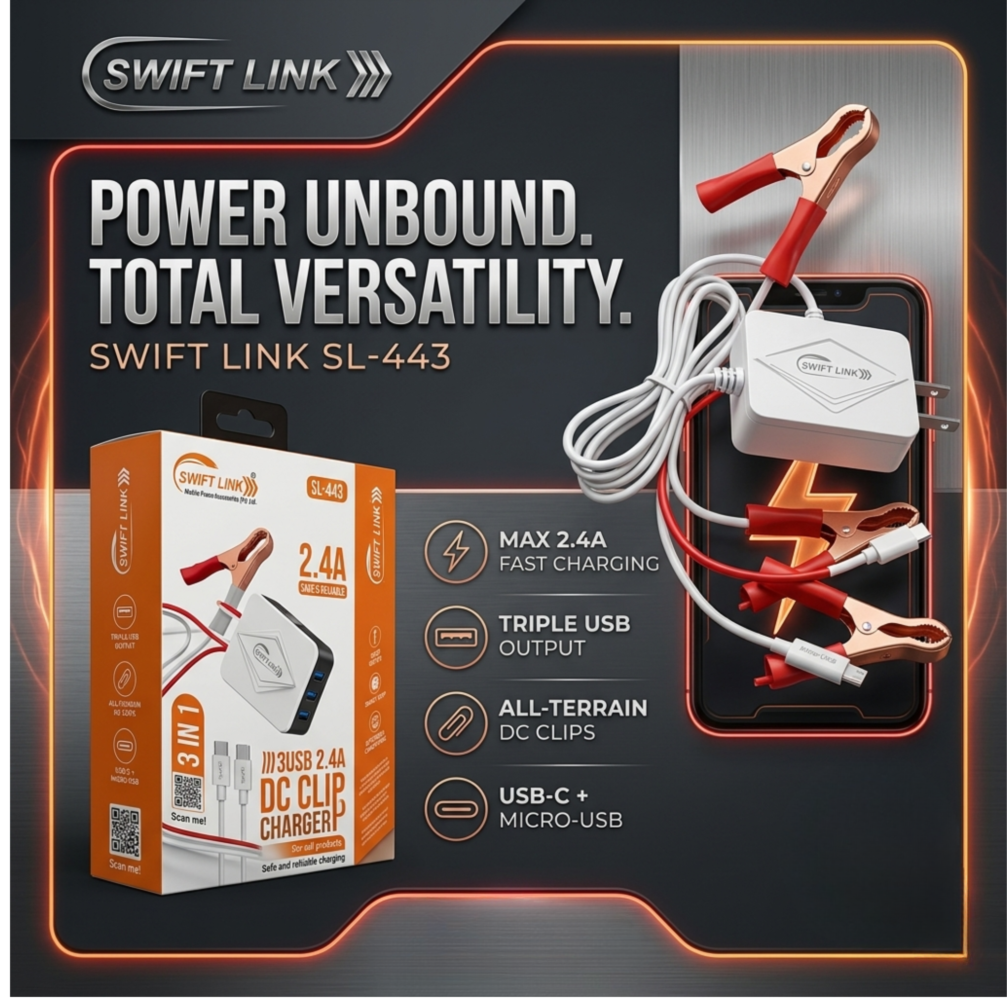 SwiftLink SL-443 2.4A 3 USB DC Clip Fast Charger | Battery Powered Car & Motorcycle Emergency Charger