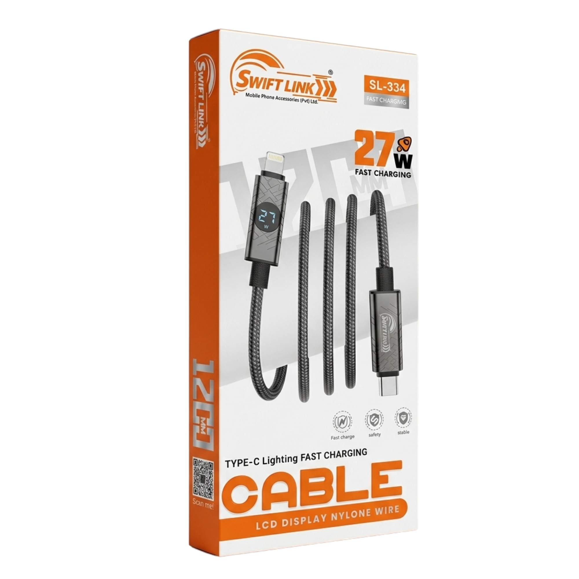 Swift Link SL334 Type-C to Lightning 27W PD Fast Charging Data Cable with LCD Display – 1 Meter Charging & Sync Cable