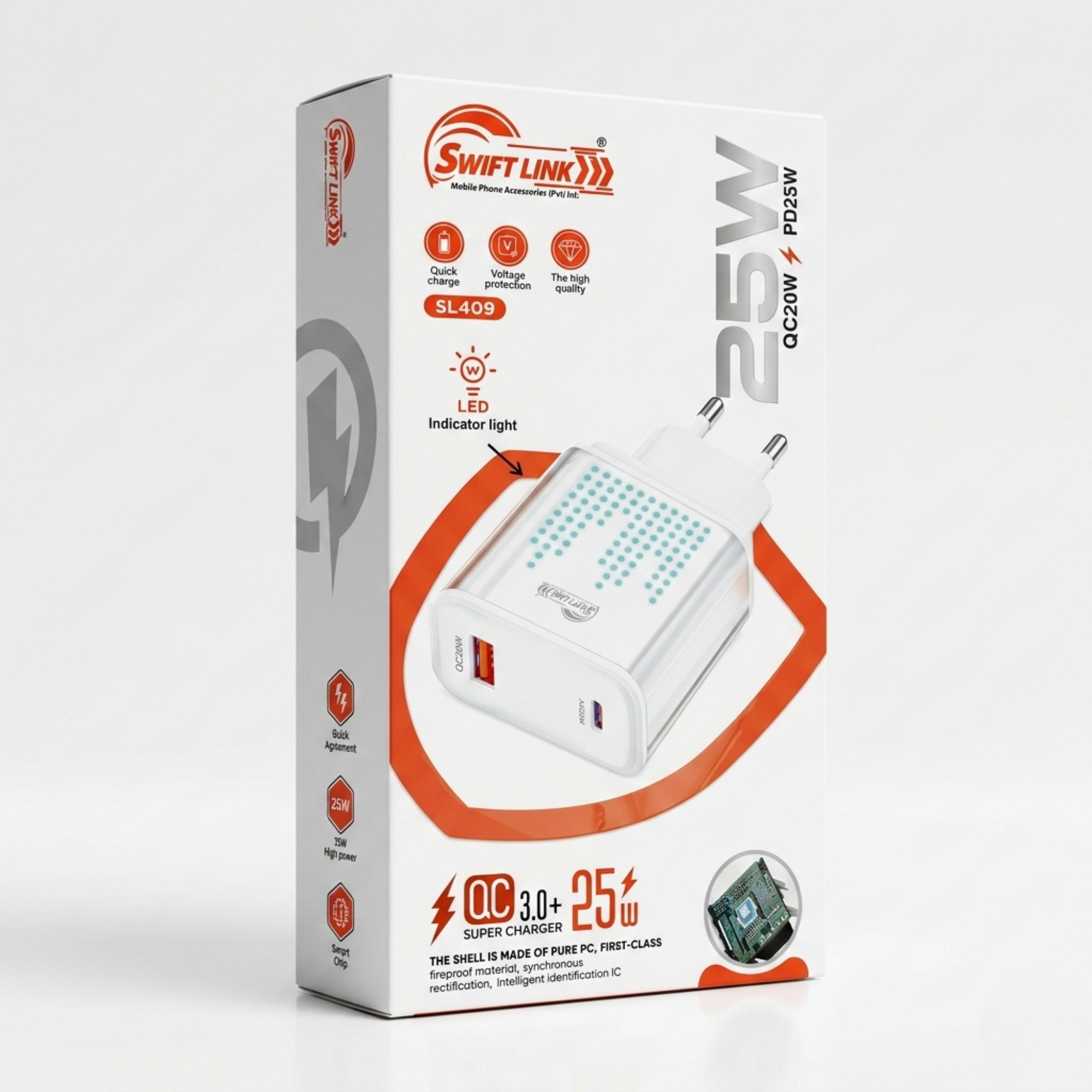 Swift Link SL-409 25W Fast Charger Dual USB Port QC 3.0 + PD 20W Wall Charger | LED Indicator | Fast Charging Adapter