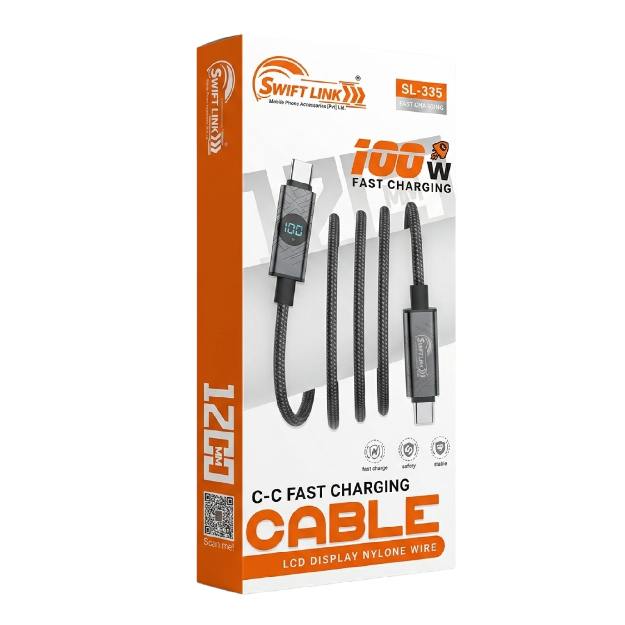 Swift Link SL-335 100W USB-C to USB-C Fast Charging Cable with LCD Display | 1.2M Nylon Braided PD Charging Cable