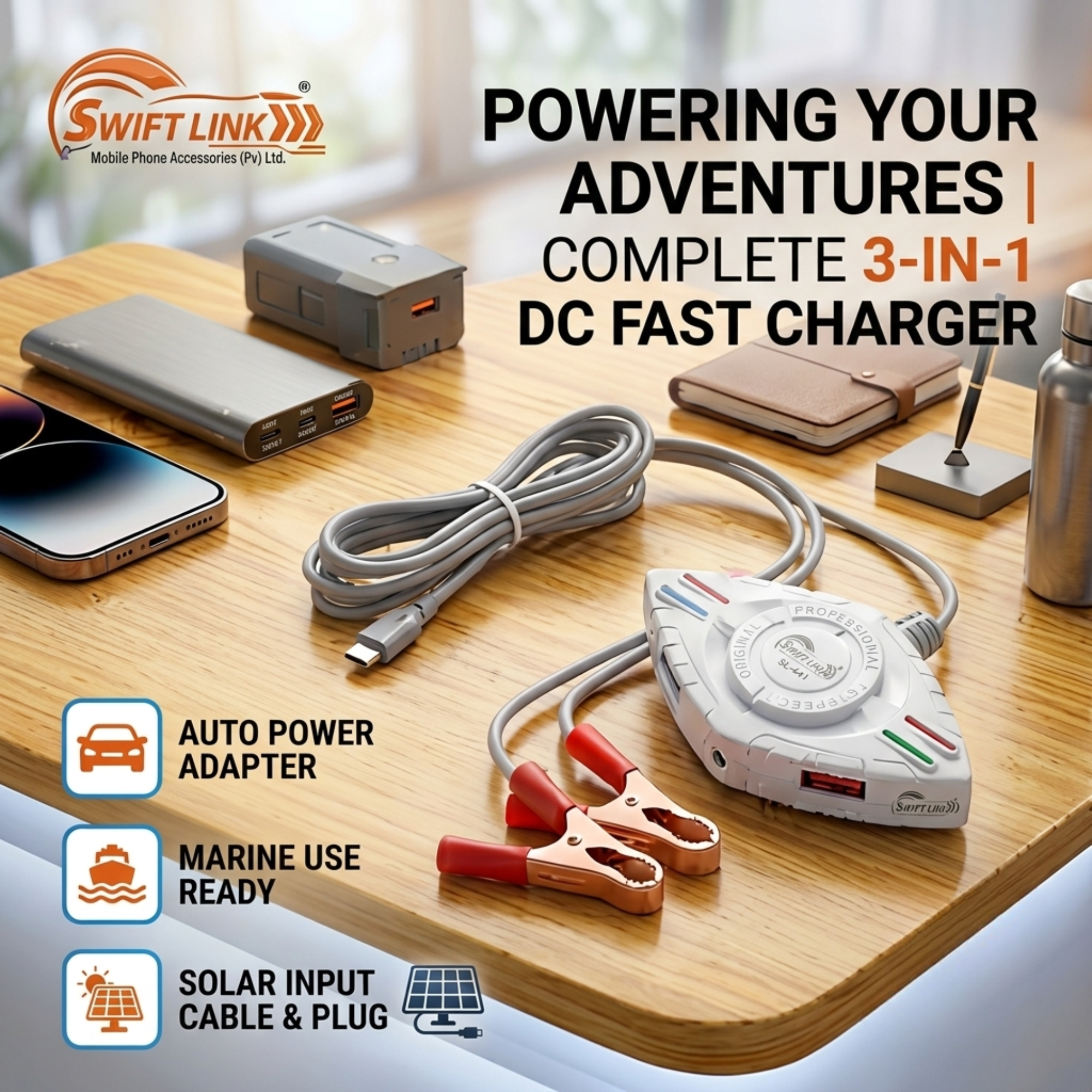 SwiftLink SL-441 32W Fast Charging DC Clip Charger | 3-in-1 Cable | 24A Battery Charger for Car, Motorcycle & UPS