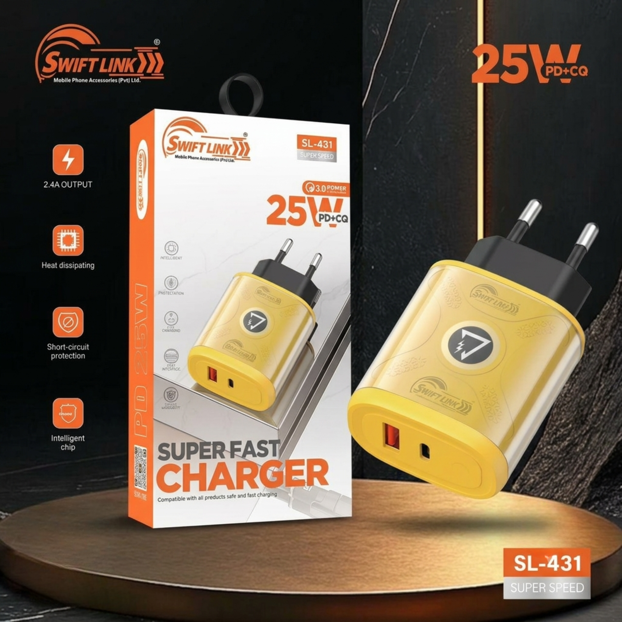 Swift Link SL-431 25W PD + QC Super Fast Charger | Dual Port USB-C & USB-A Fast Charging Wall Adapter (EU Plug)