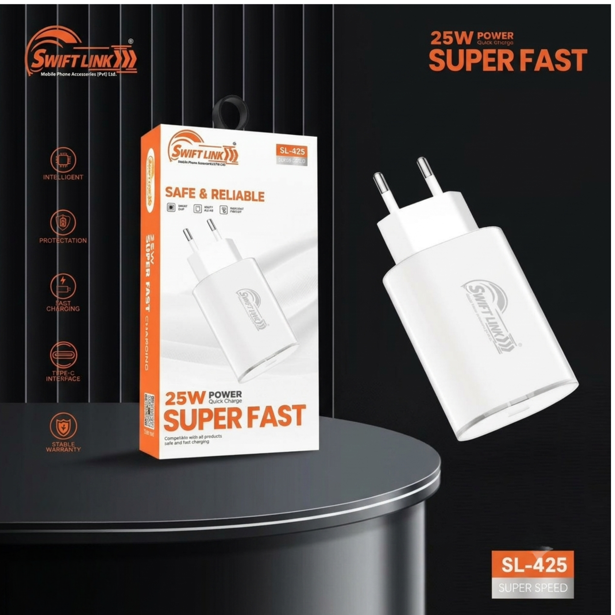 Swift Link SL-425 25W Super Fast Charger | USB-C PD Wall Charger | Smart IC Fast Charging Adapter