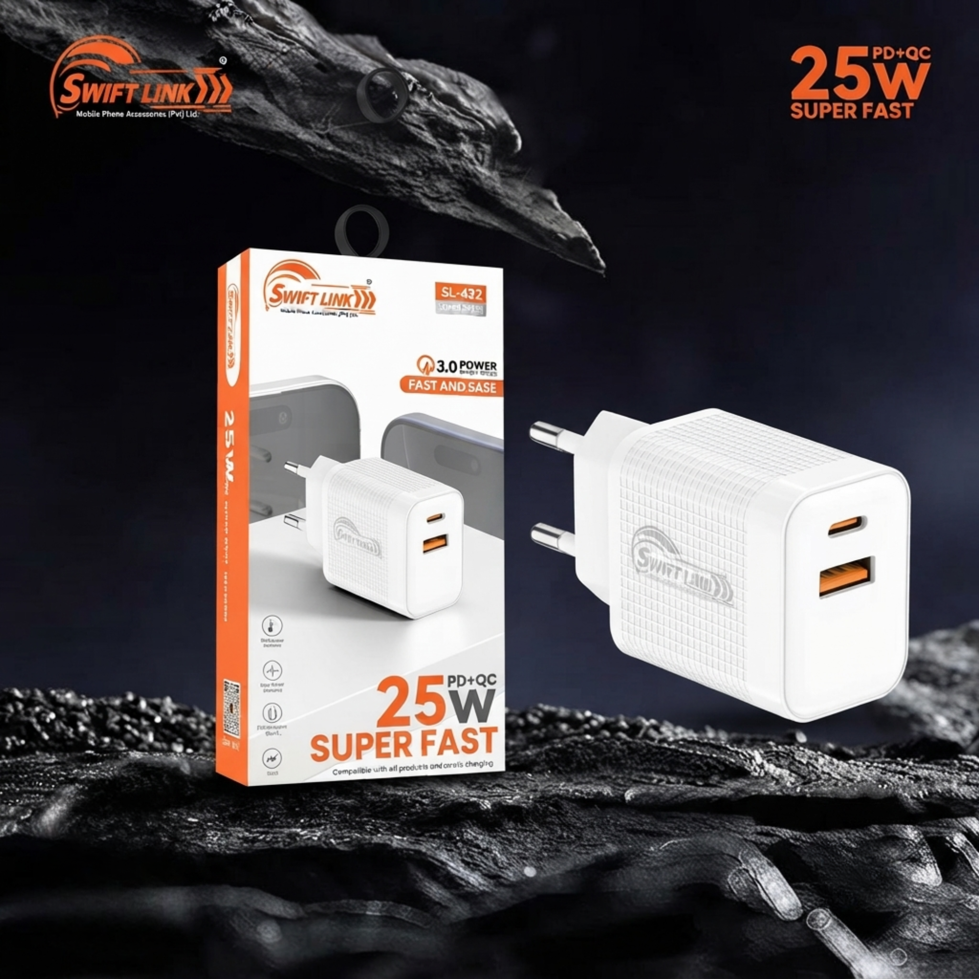 SwiftLink 25W Super Fast Charger | USB-C + USB-A Dual Port Fast Charging Wall Adapter | PD 3.0 & QC 3.0 | White