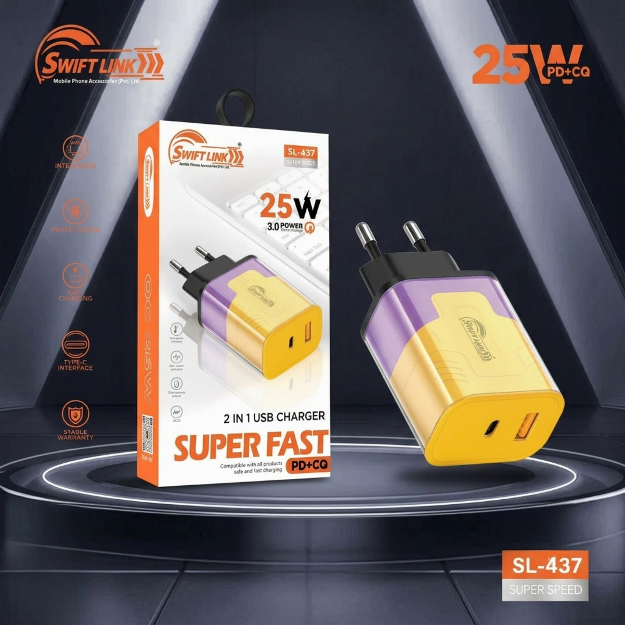 Swift Link SL-437 25W PD + QC 3.0 Super Fast Charger | Dual Port USB-C & USB-A Wall Charger (EU Plug)
