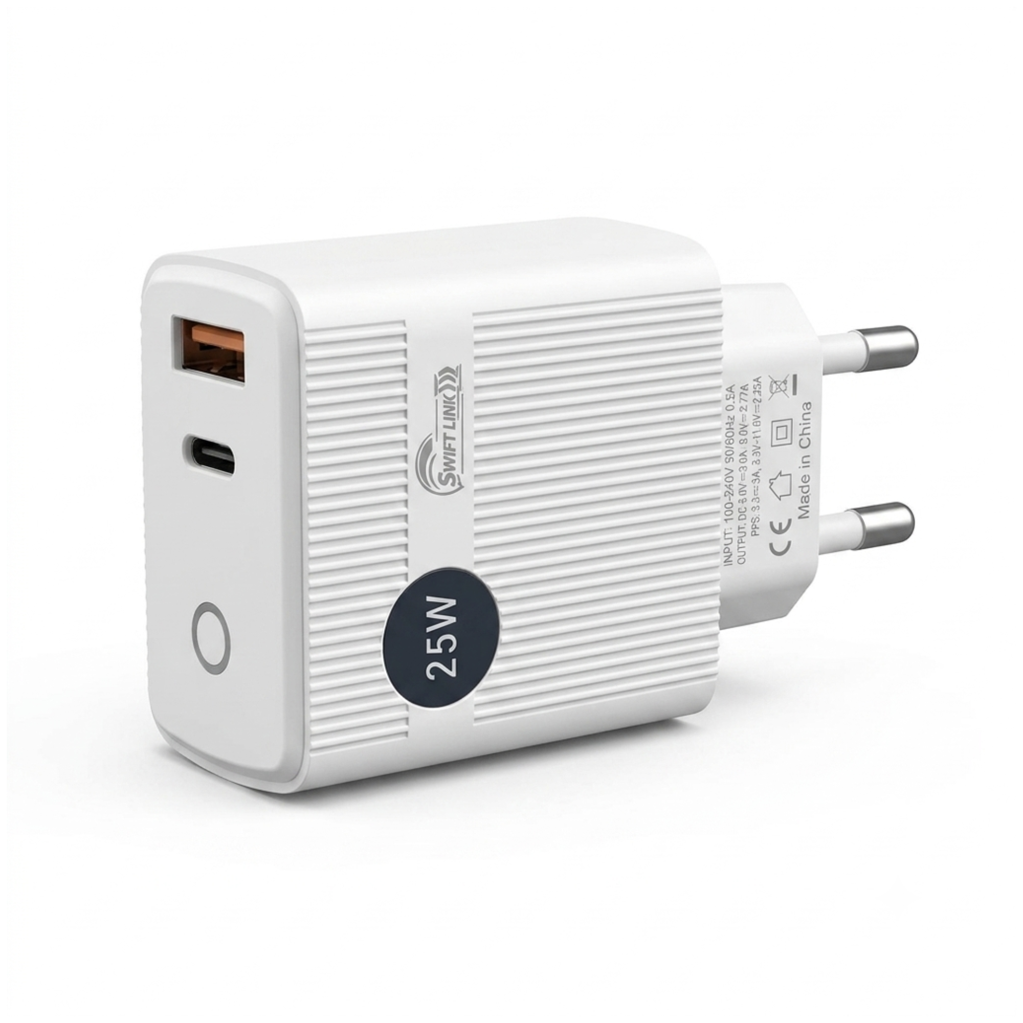 Swift Link SL-436 25W Super Fast Charger | Dual Port USB-C PD & USB-A QC 3.0 Wall Charger (EU Plug)