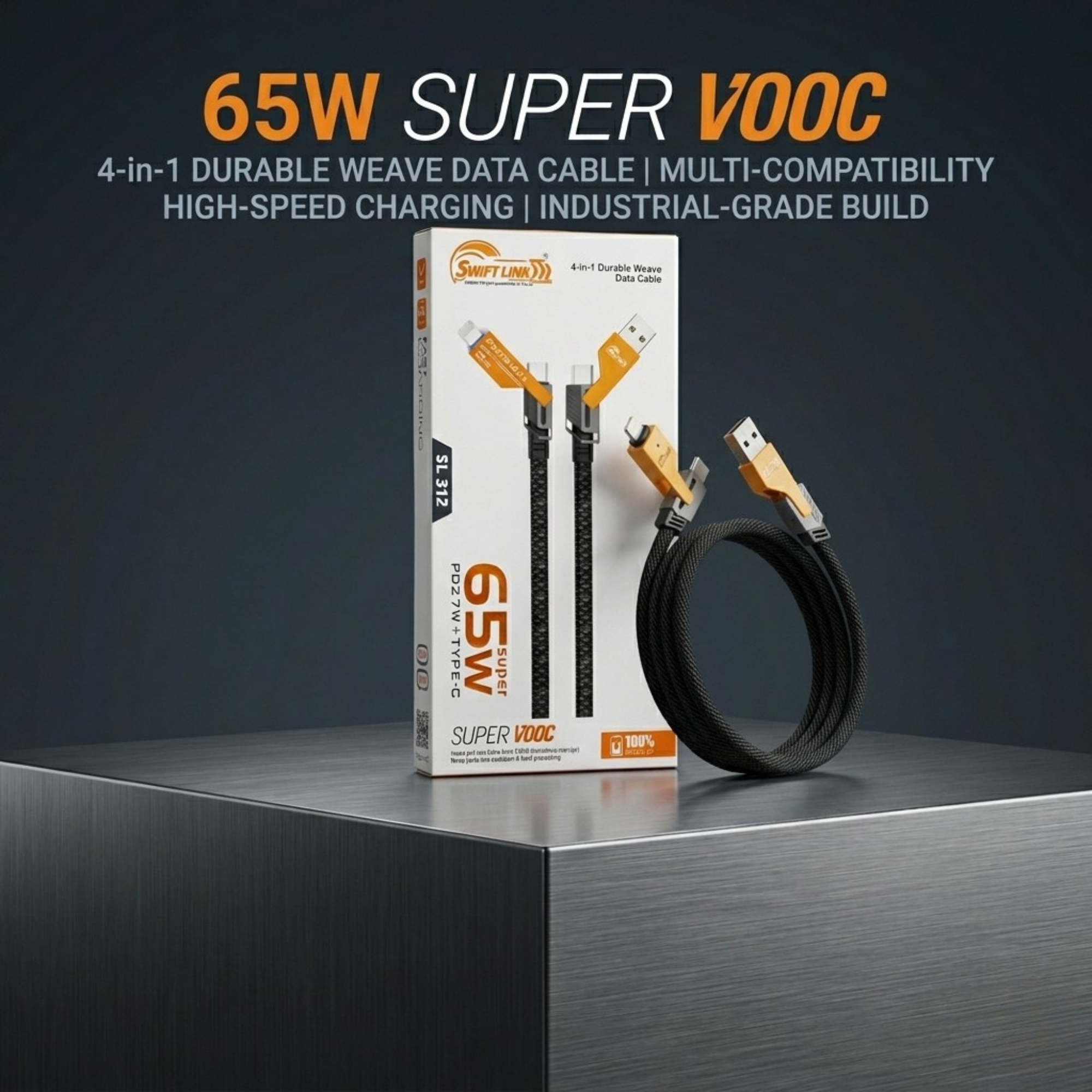Swift Link SL-312 4-in-1 Fast Charging Data Cable 65W PD Type-C Multi Connector Cable