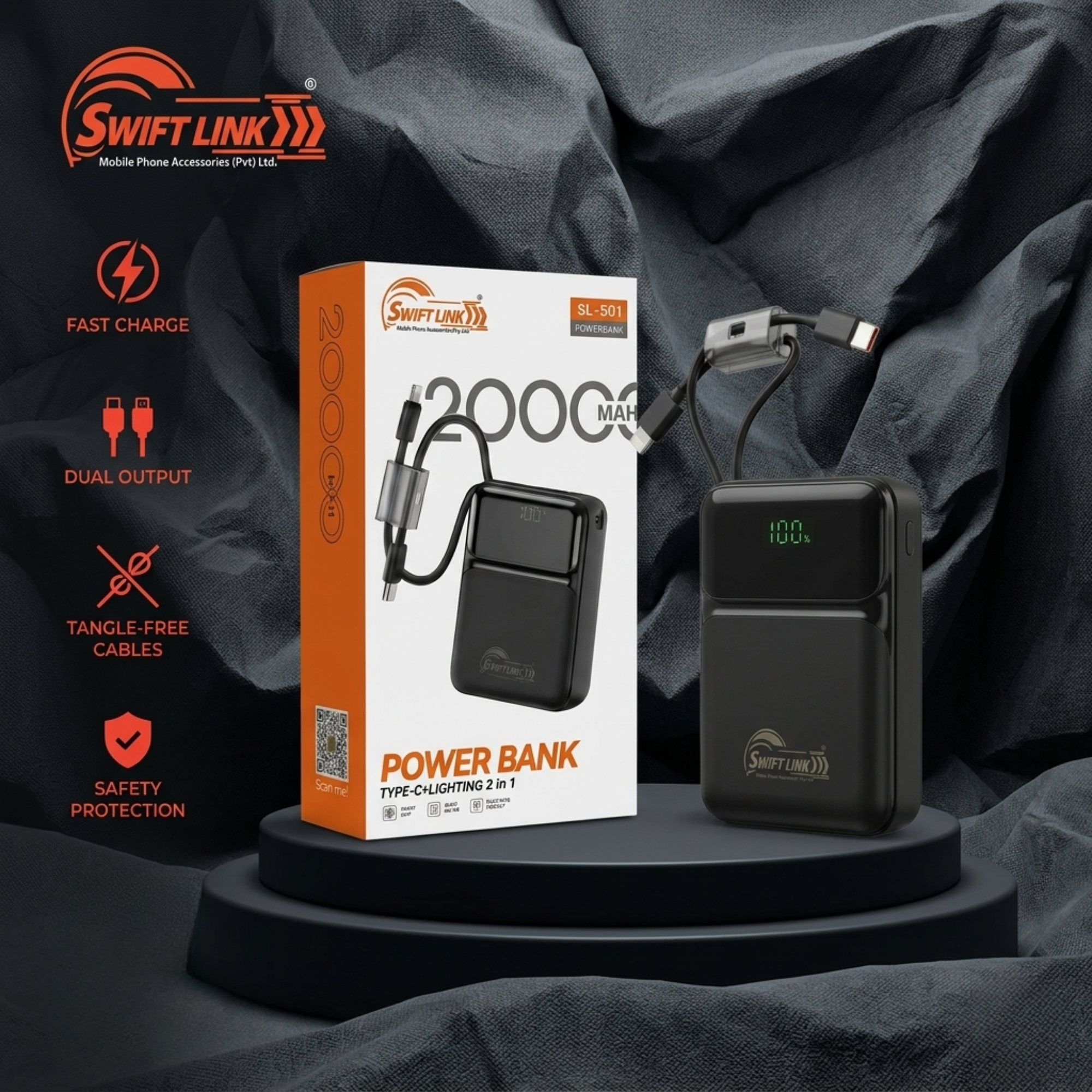 SwiftLink SL-501 20000mAh Power Bank with Built-in Type-C & Lightning Cables | Fast Charging Portable Power Bank | LED Digital Display