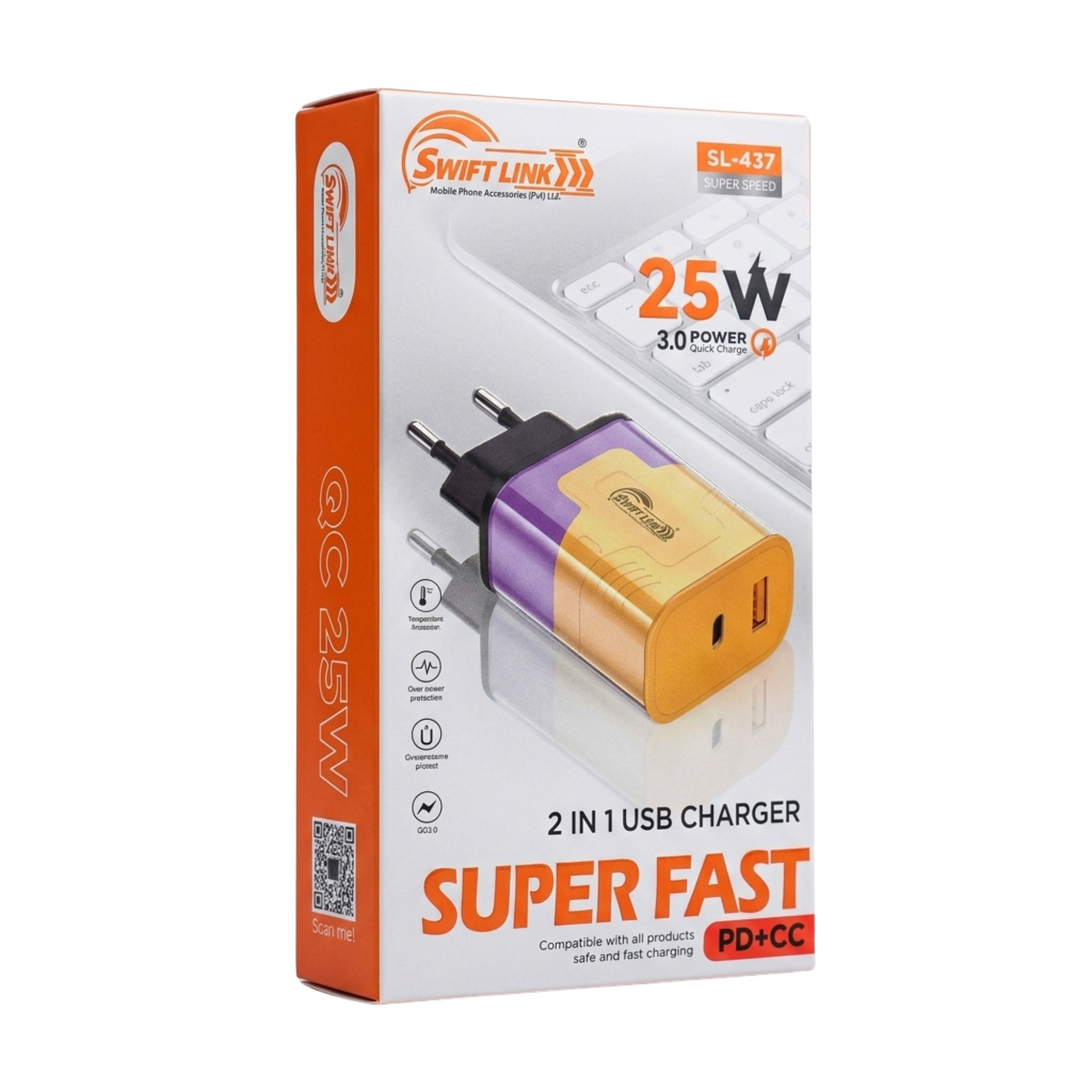 Swift Link SL-437 25W PD + QC 3.0 Super Fast Charger | Dual Port USB-C & USB-A Wall Charger (EU Plug)
