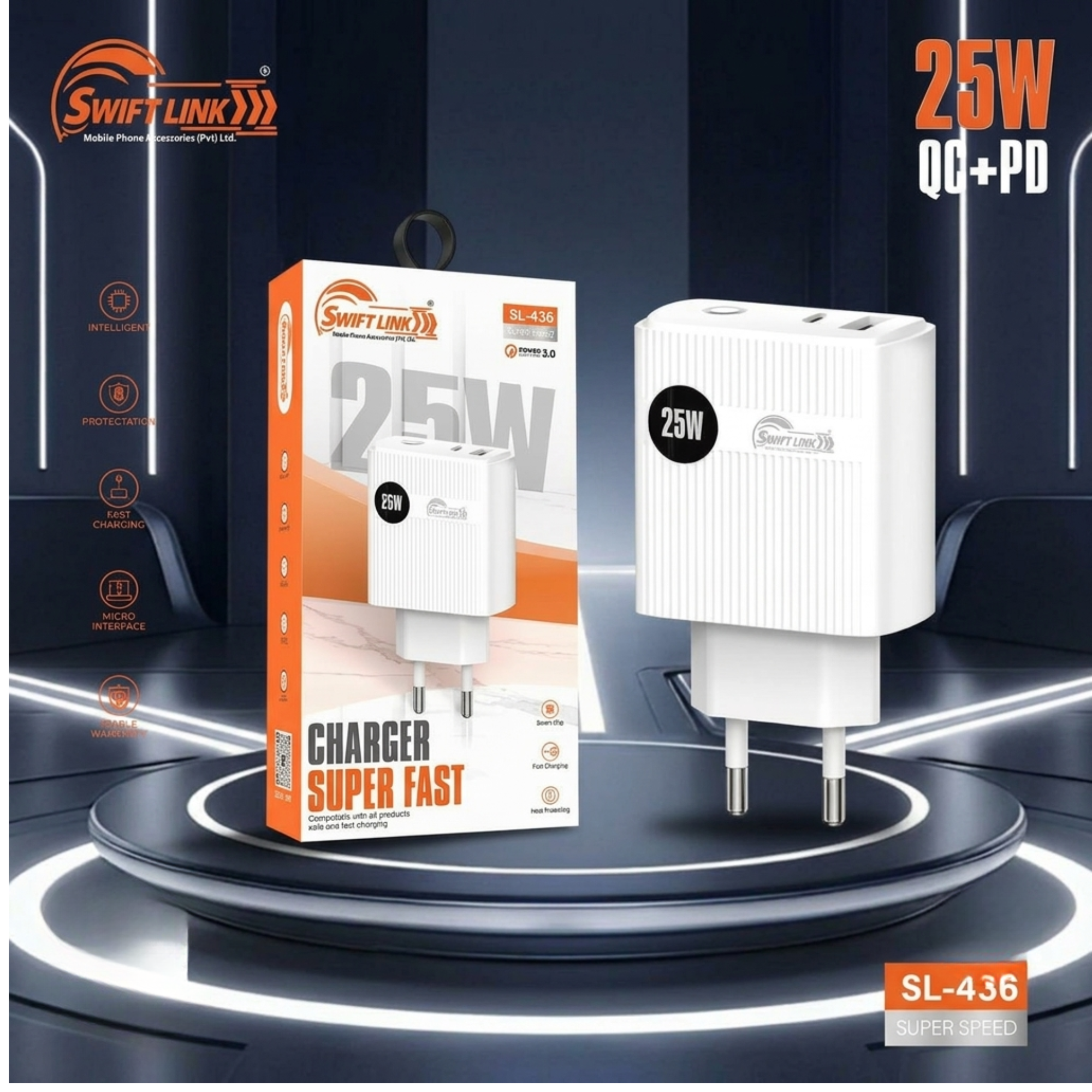 Swift Link SL-436 25W Super Fast Charger | Dual Port USB-C PD & USB-A QC 3.0 Wall Charger (EU Plug)