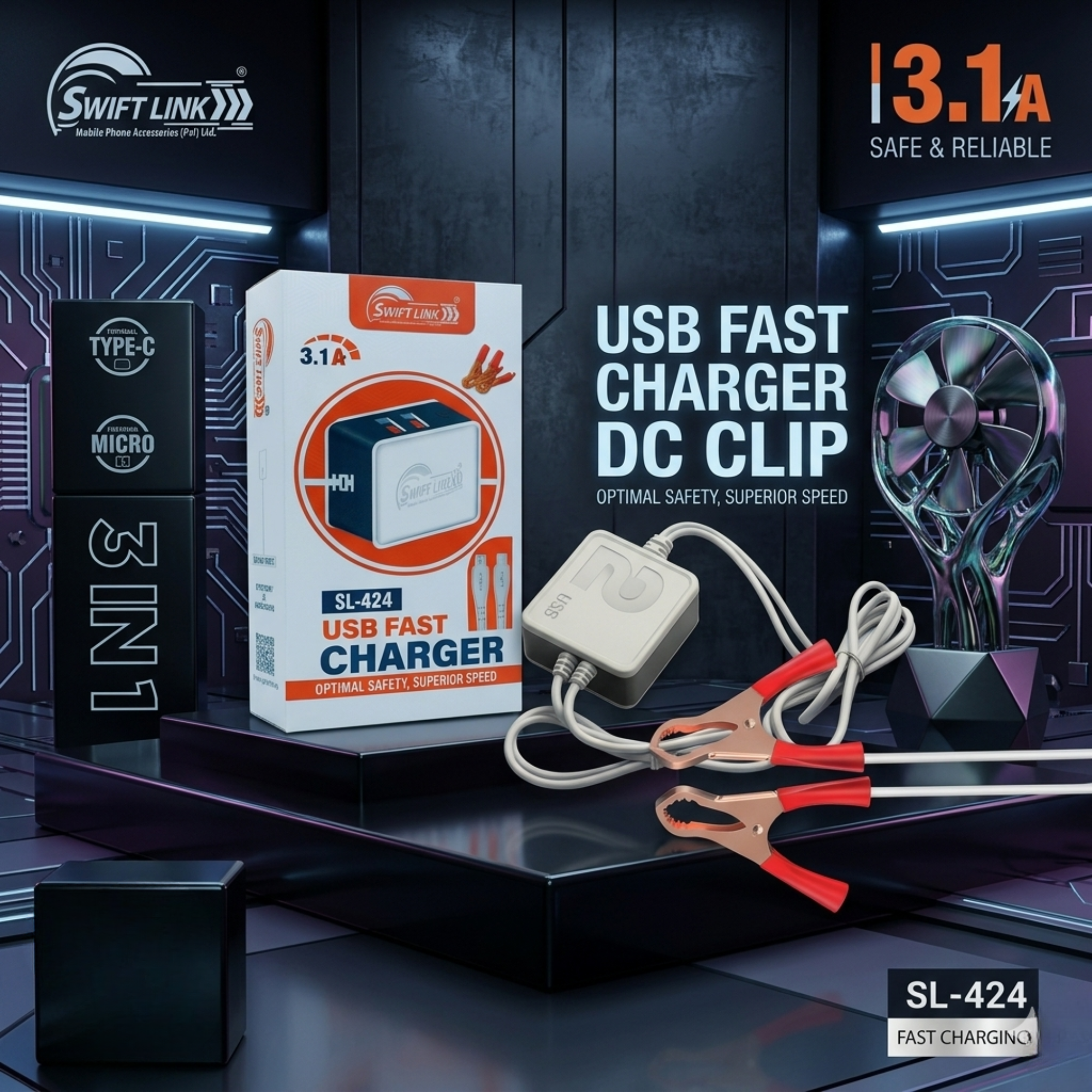 SwiftLink SL-424 3.1A Dual USB Fast Charger with Micro USB Cable | Universal Wall Charger for Android Devices