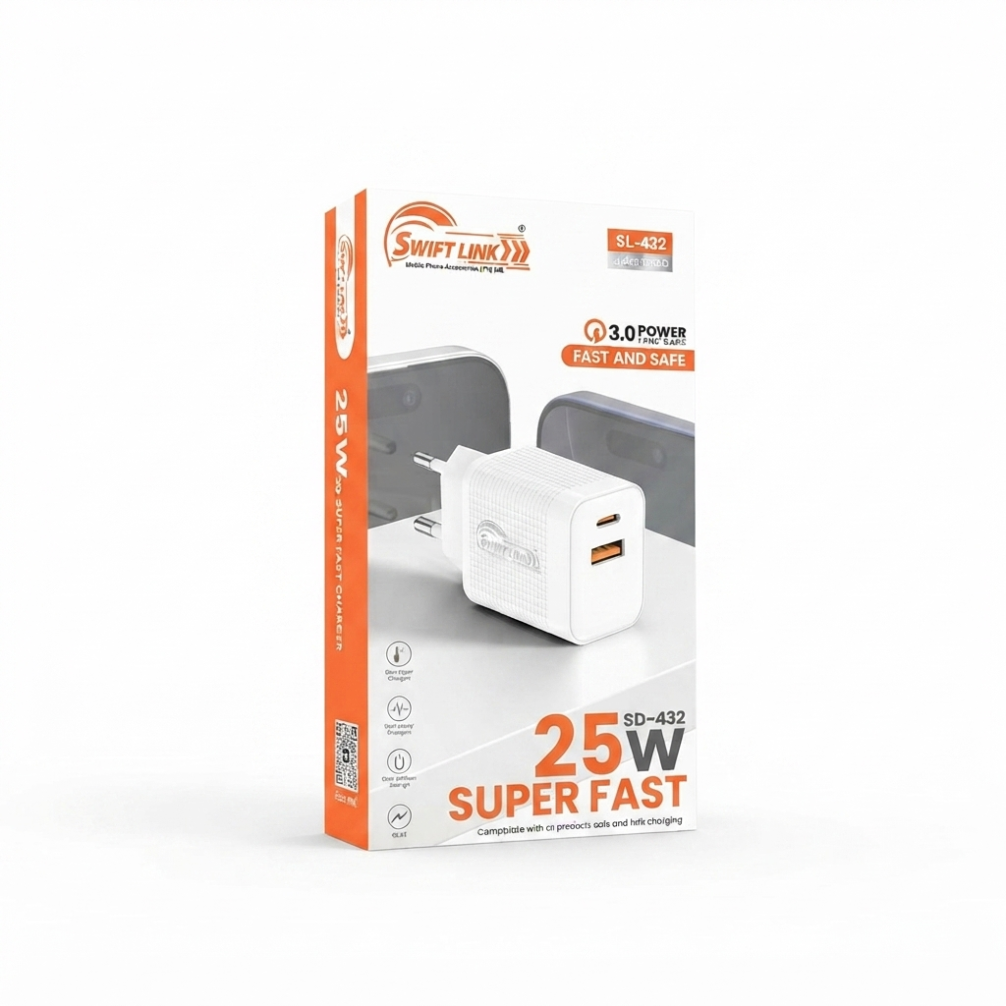 SwiftLink 25W Super Fast Charger | USB-C + USB-A Dual Port Fast Charging Wall Adapter | PD 3.0 & QC 3.0 | White