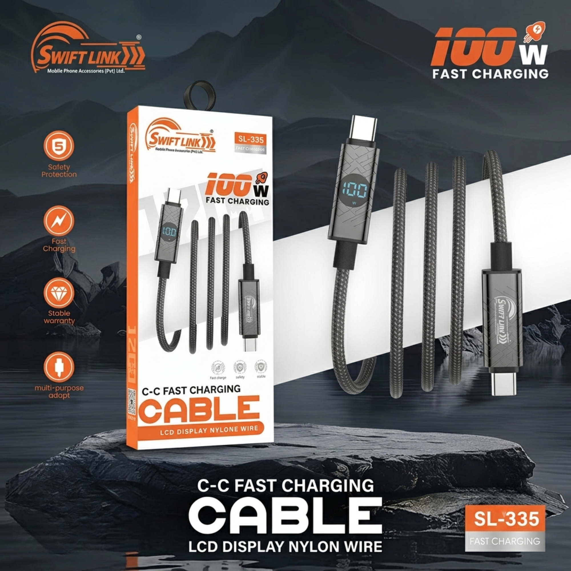 Swift Link SL-335 100W USB-C to USB-C Fast Charging Cable with LCD Display | 1.2M Nylon Braided PD Charging Cable