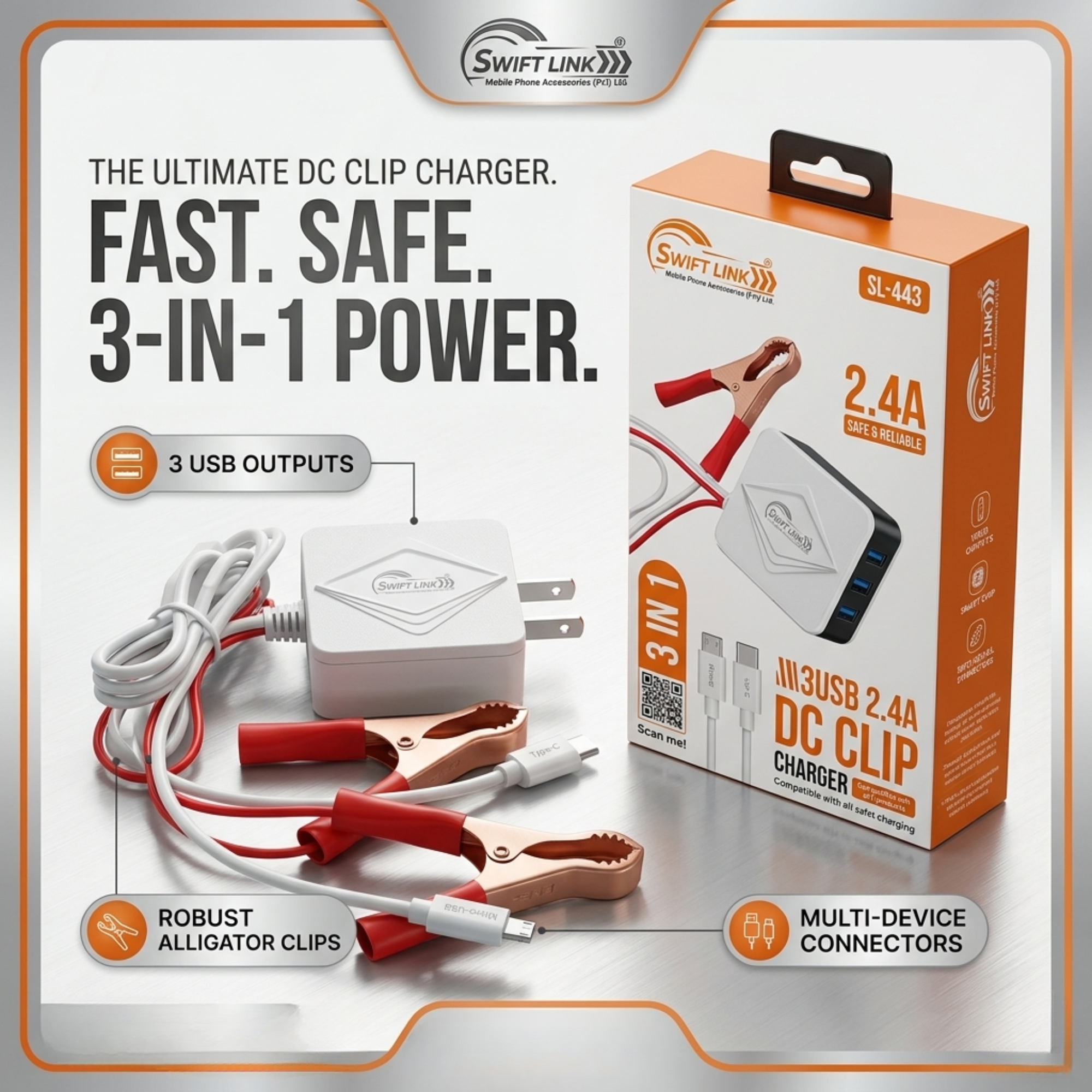 SwiftLink SL-443 2.4A 3 USB DC Clip Fast Charger | Battery Powered Car & Motorcycle Emergency Charger