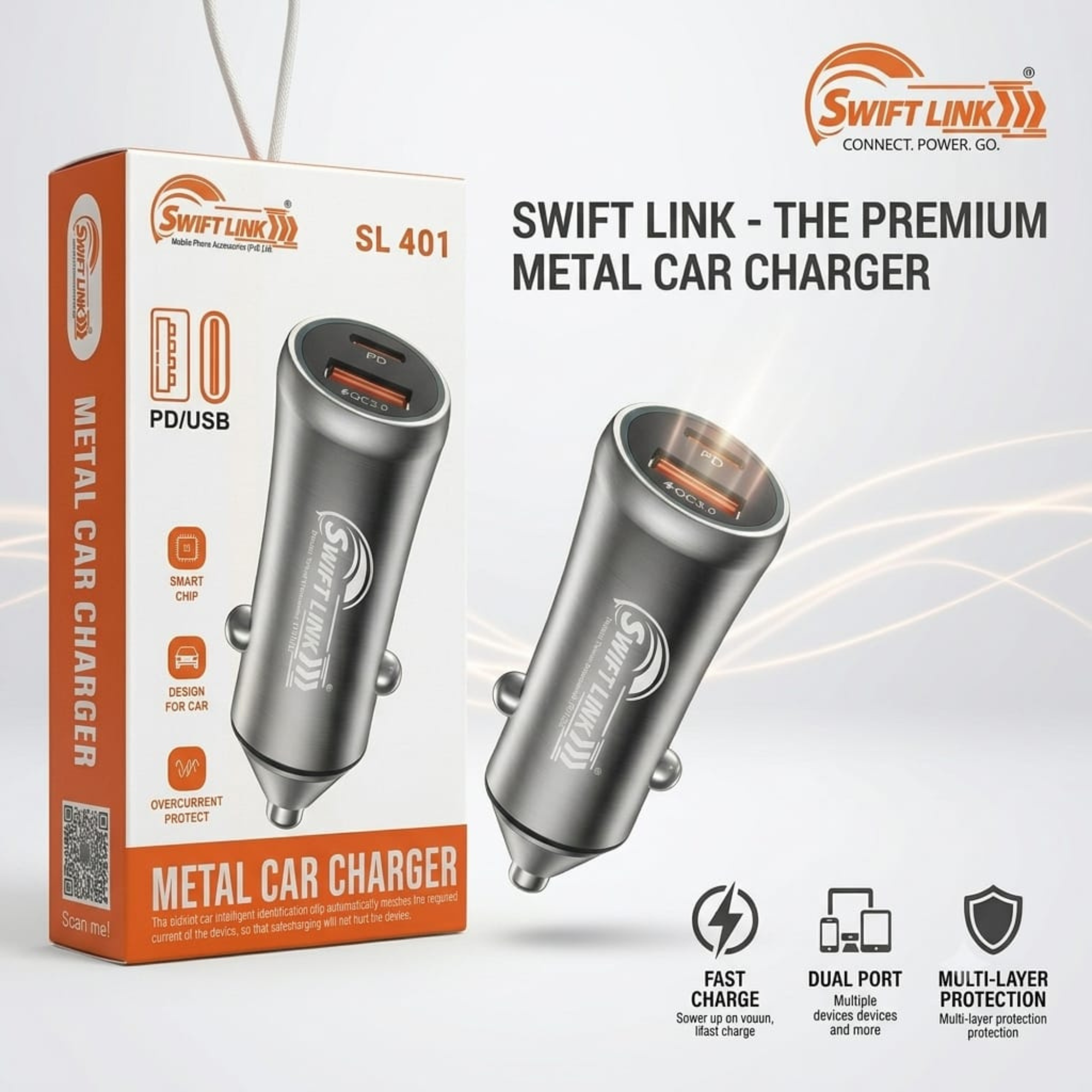 Swift Link SL-401 Metal Car Charger | PD + USB Fast Charging Adapter