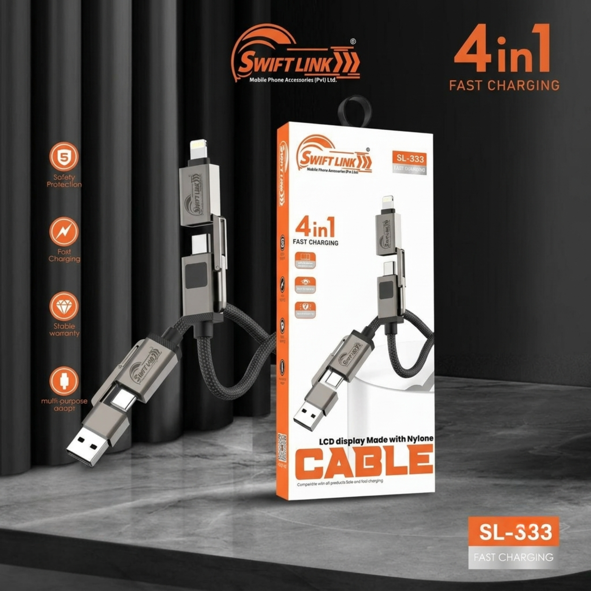 Swift Link SL333 4-in-1 65W Fast Charging Data Cable with LCD Display – USB to Type-C, Lightning & Micro USB | 1 Meter Nylon Braided Cable