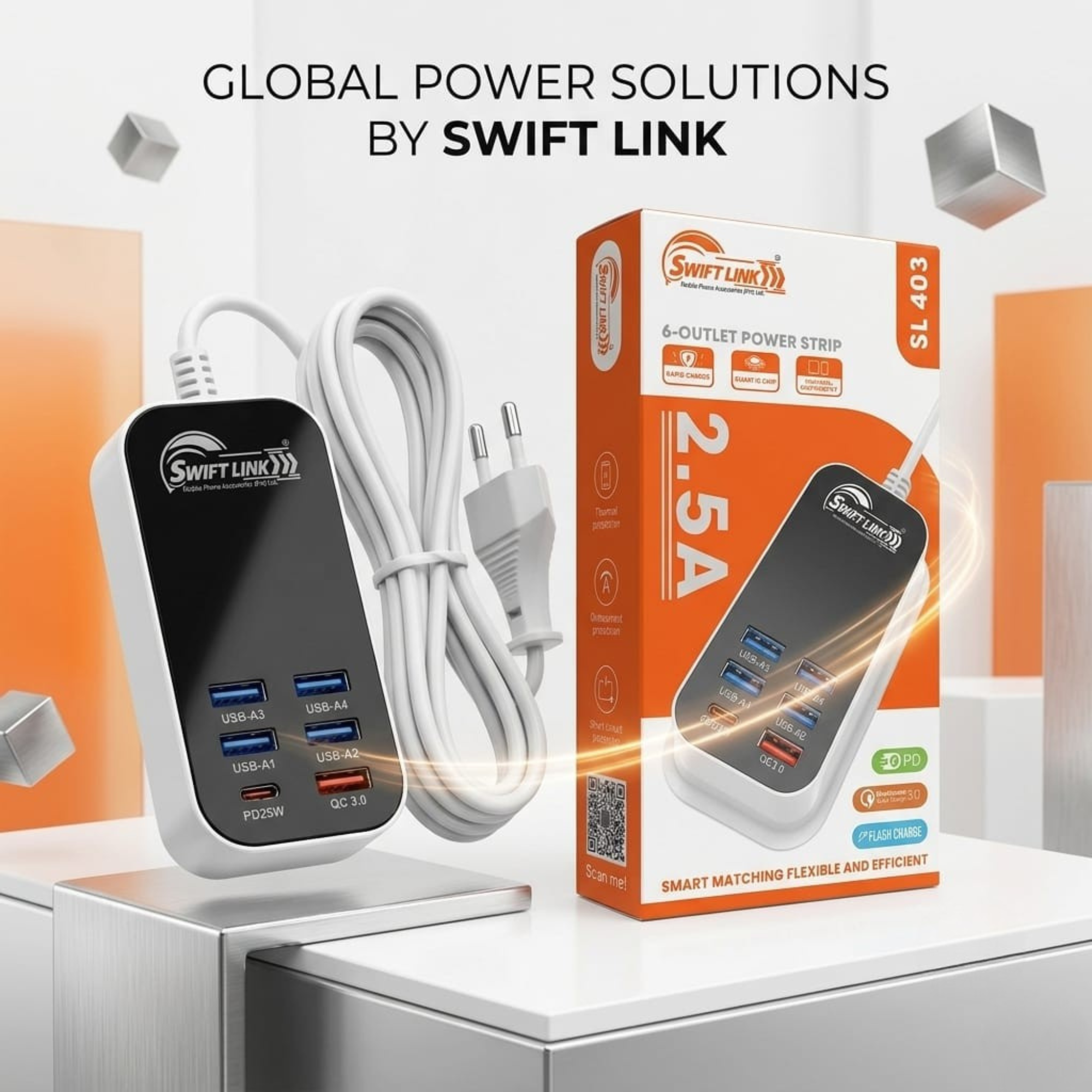 Swift Link SL-403 Smart Power Strip – 6 Outlets + 6 USB Ports (QC 3.0 & PD Fast Charging)