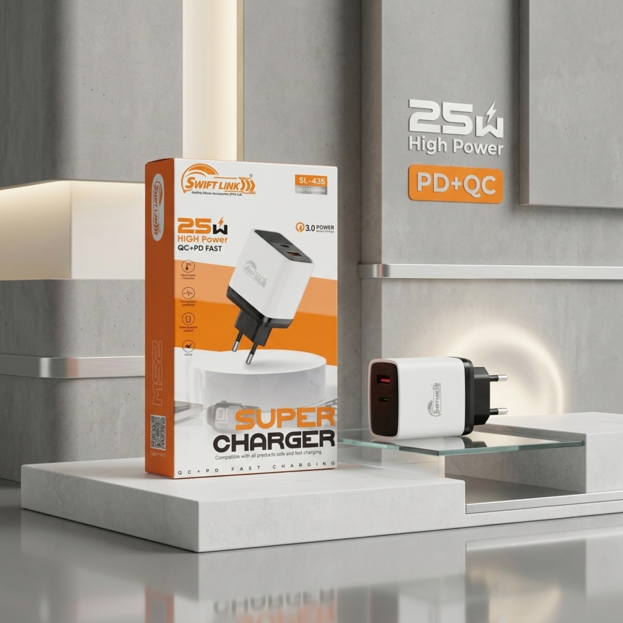 Swift Link SL-435 25W QC 3.0 + PD Super Fast Charger | Dual Port USB-C & USB-A Wall Charger (EU Plug)