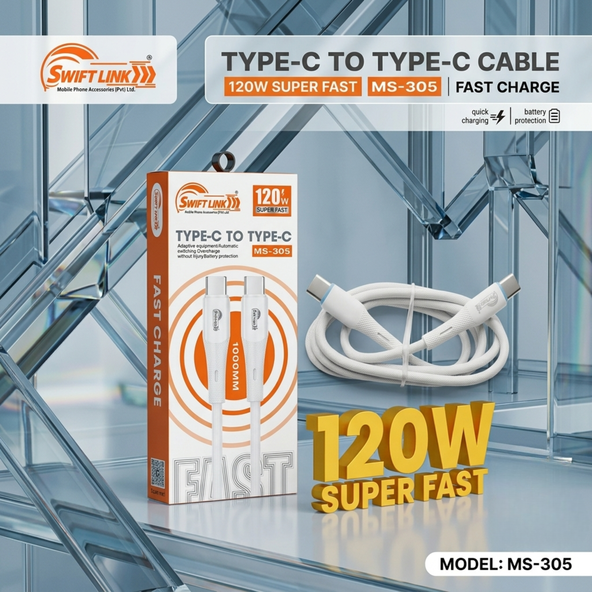 Swift Link MS-305 Type-C to Type-C Fast Charging Cable 120W PD Super Fast Charge 1 Meter USB-C Cable