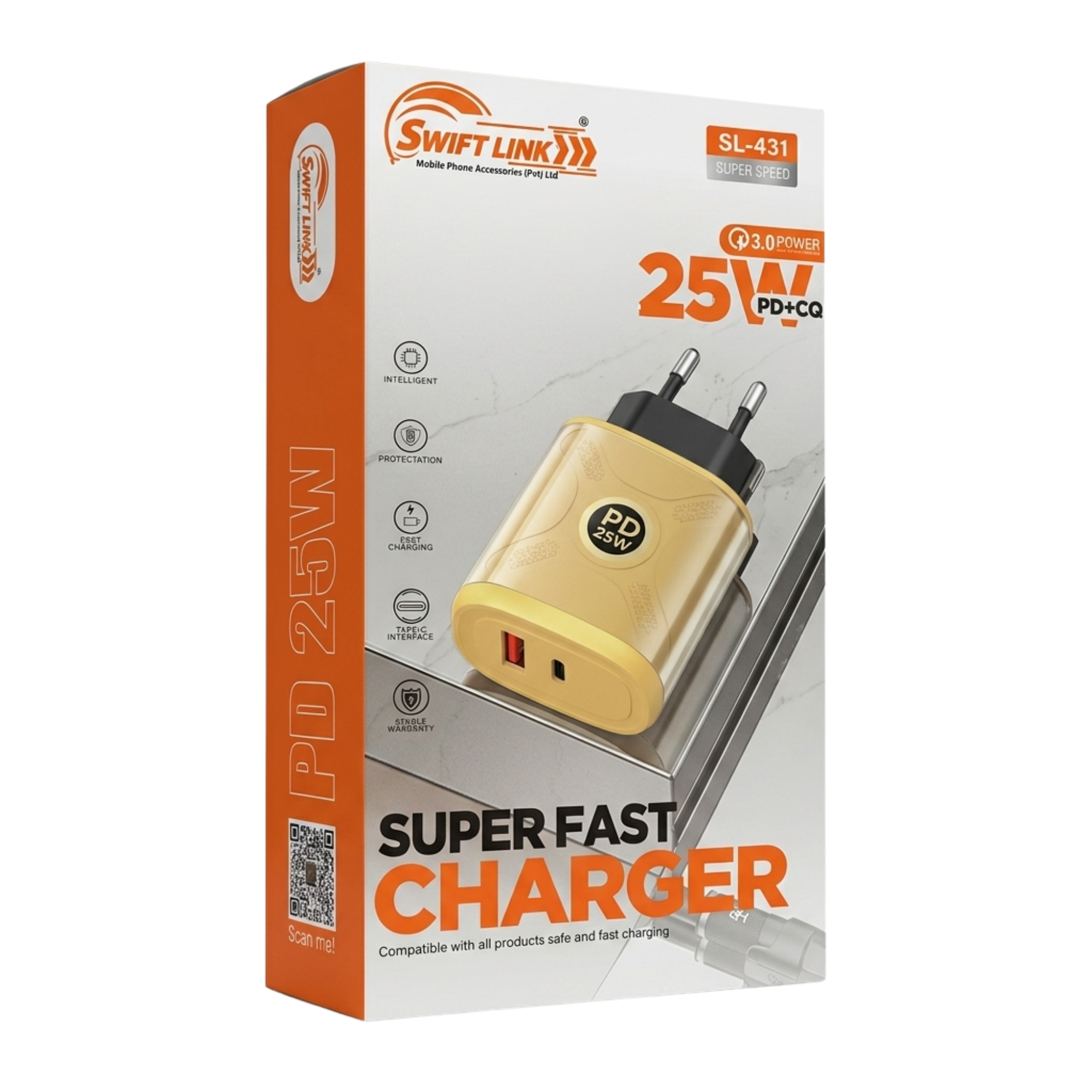 Swift Link SL-431 25W PD + QC Super Fast Charger | Dual Port USB-C & USB-A Fast Charging Wall Adapter (EU Plug)