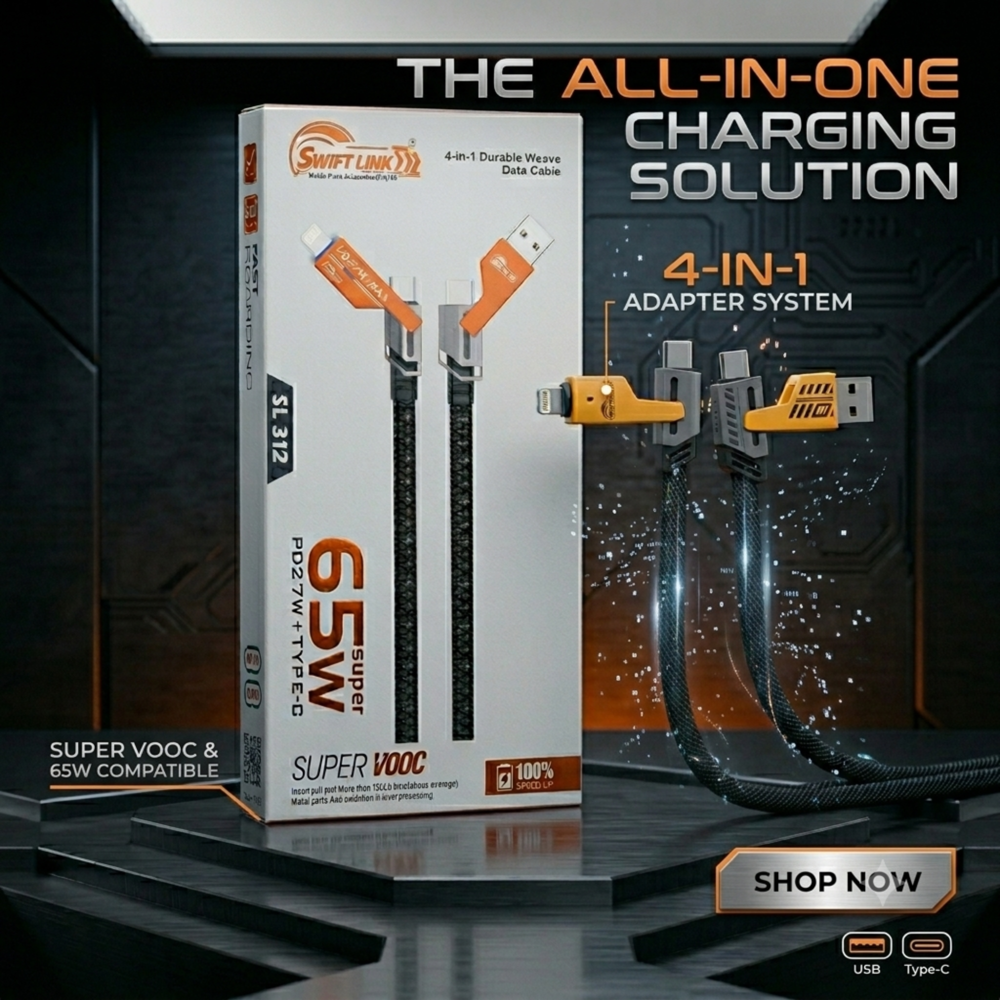 Swift Link SL-312 4-in-1 Fast Charging Data Cable 65W PD Type-C Multi Connector Cable